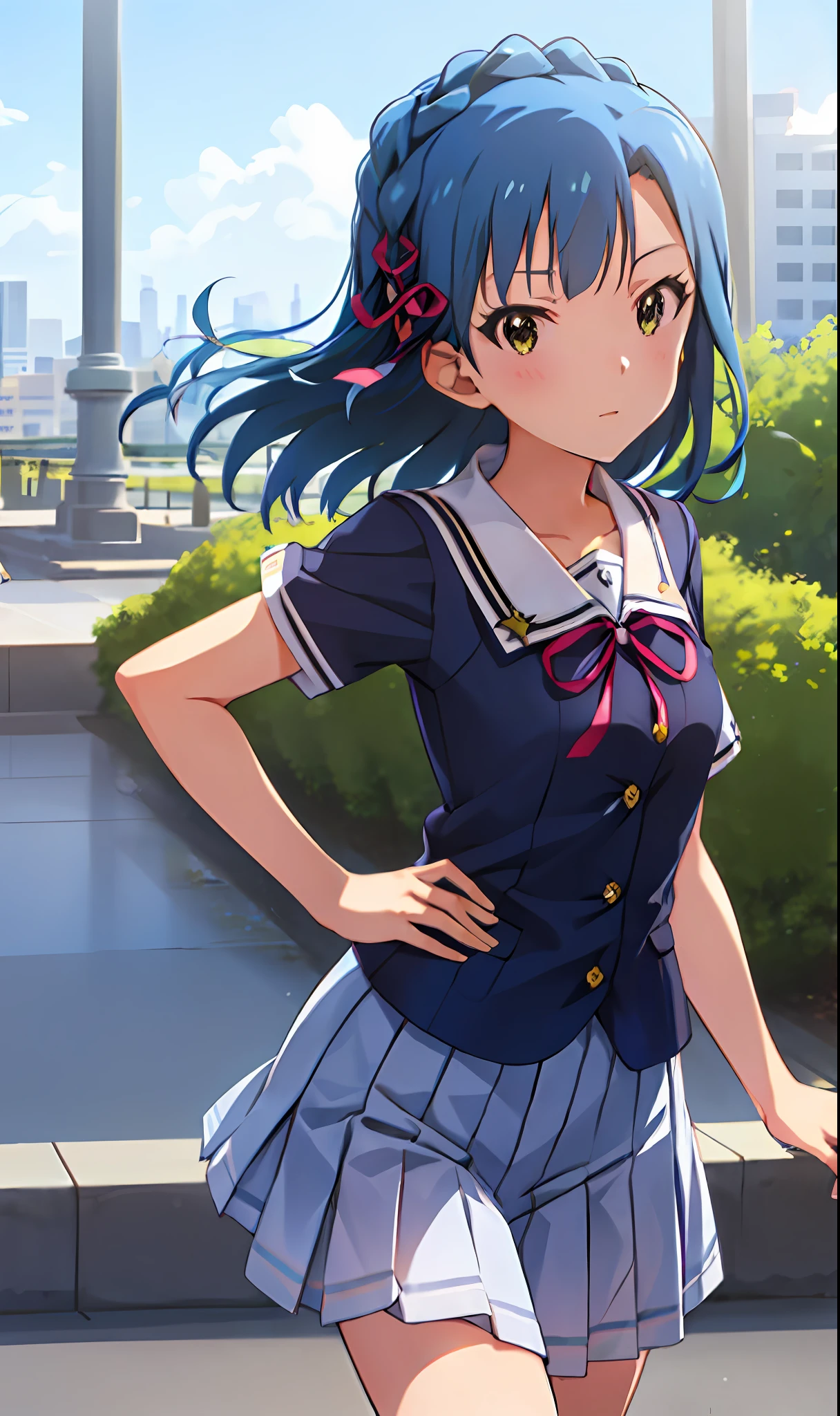 Yuriko Nanao (Million Live), (Top Quality, 8K, Masterpiece, Super Detail: 1.2), Cinematic Angle, Sun, Mottled Sunlight, Blue Sky, Beautiful Clouds, Cityscape, Lens Flare, Shine, Light Particles, Wide Shot, 1 Girl, Solo, Skirt, True Face, Watch Viewer, Sailor Color, Pleated Skirt, Short Sleeves, School Uniform, Blush, Serafuk, Clavicle, Ribbon, Upper Body, Adjusted Hair, Wind, Floating hair, hands on hips and chest out, looking straight ahead, looking at the camera.