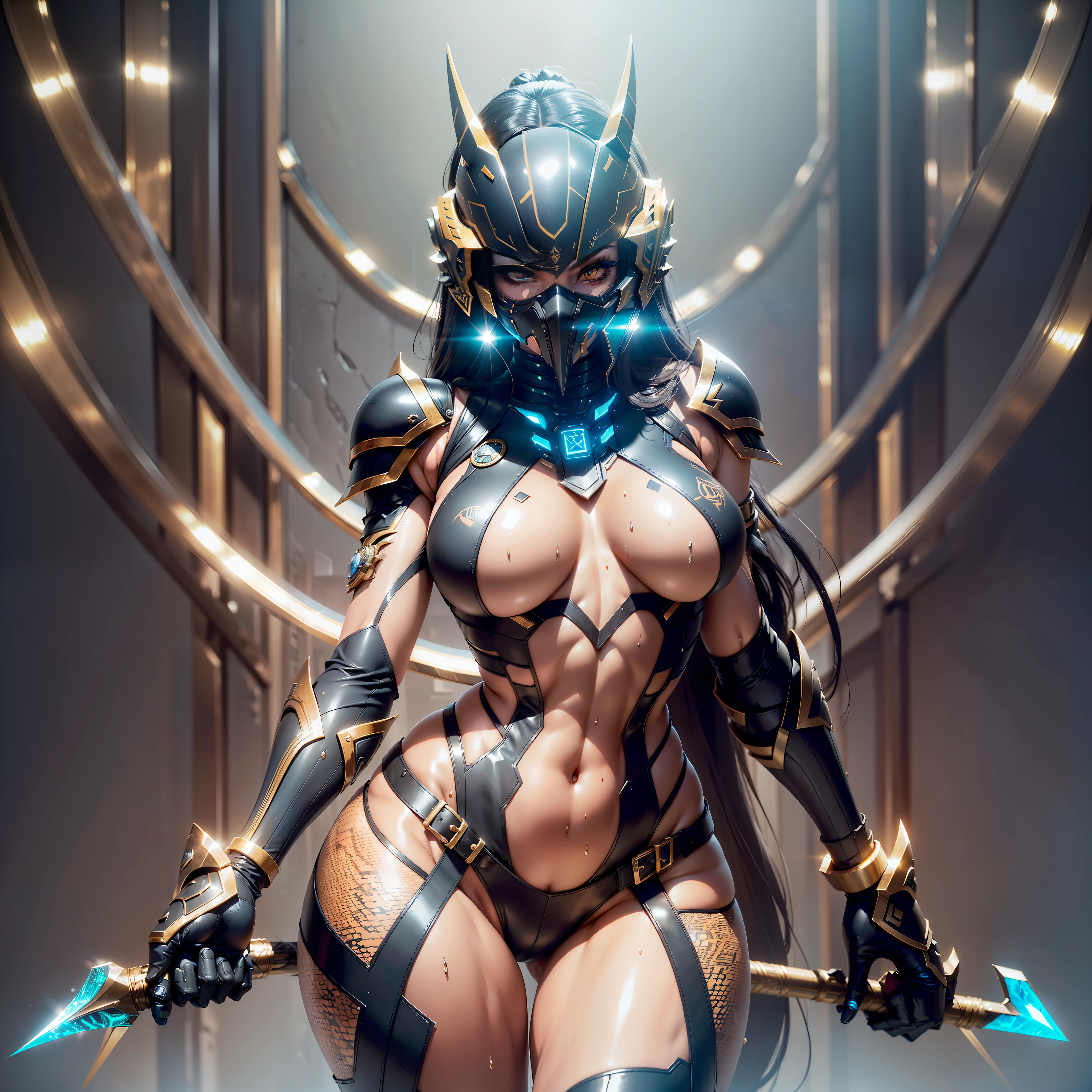 stylish pose, (ultra high resolution, photorealistic, realistic, highest quality, photorealistic), (8K, raw photos, highest quality, masterpiece), (photon mapping, radiosity, physically based rendering, automatic white balance), technical sense, highest quality, masterpiece, illustration, CG, unity, wallpaper, official art, amazing, fine details, Very delicate and beautiful, very detailed, sharp focus, rich background, blurred background, (real person, photo), (High detail skin, visible pores)))), image of one girl, full body, 3D, beautiful brown-skinned exotic woman in a dark blue cobra cyberpunk suit, full face cyber helmet imitating the head of a cobra, Cobra, heavy mechanical armor, (Kamen Rider style), Cobra, Shocker's belt, holding a long spear with an optical blade, (black mask with fangs with optical lenses with a sharp fang decoration)), Cobra, (((mouth covered with a mask)), HDR (High Dynamic Range), Ray Tracing, NVIDIA RTX, Super Resolution, Unreal 5, Subsurface Scattering, PBR Texturing, Post-Processing, Anisotropic Filtering, Depth of Field, Maximum Clarity and Sharpness, Multi-Layer Textures, Albedo and Specular Maps, Surface Shading, Accurate Simulation of Light-Material Interactions, Perfect Proportions, King Cobra Woman, Egyptian Mythology, Mesopotamian mythology, cobra, sharp eyeliner, (full body)), sharp focus, ocane rendering, two-tone lighting, wide aperture, low ISO, white balance, rule of thirds, 8K RAW, circuit board ai, 4k, fog, night city background, image of a cobra, (((king cobra skin texture)), human five-fingered, wide hips, curvy, wet body, egiptian, Egyptian waistband