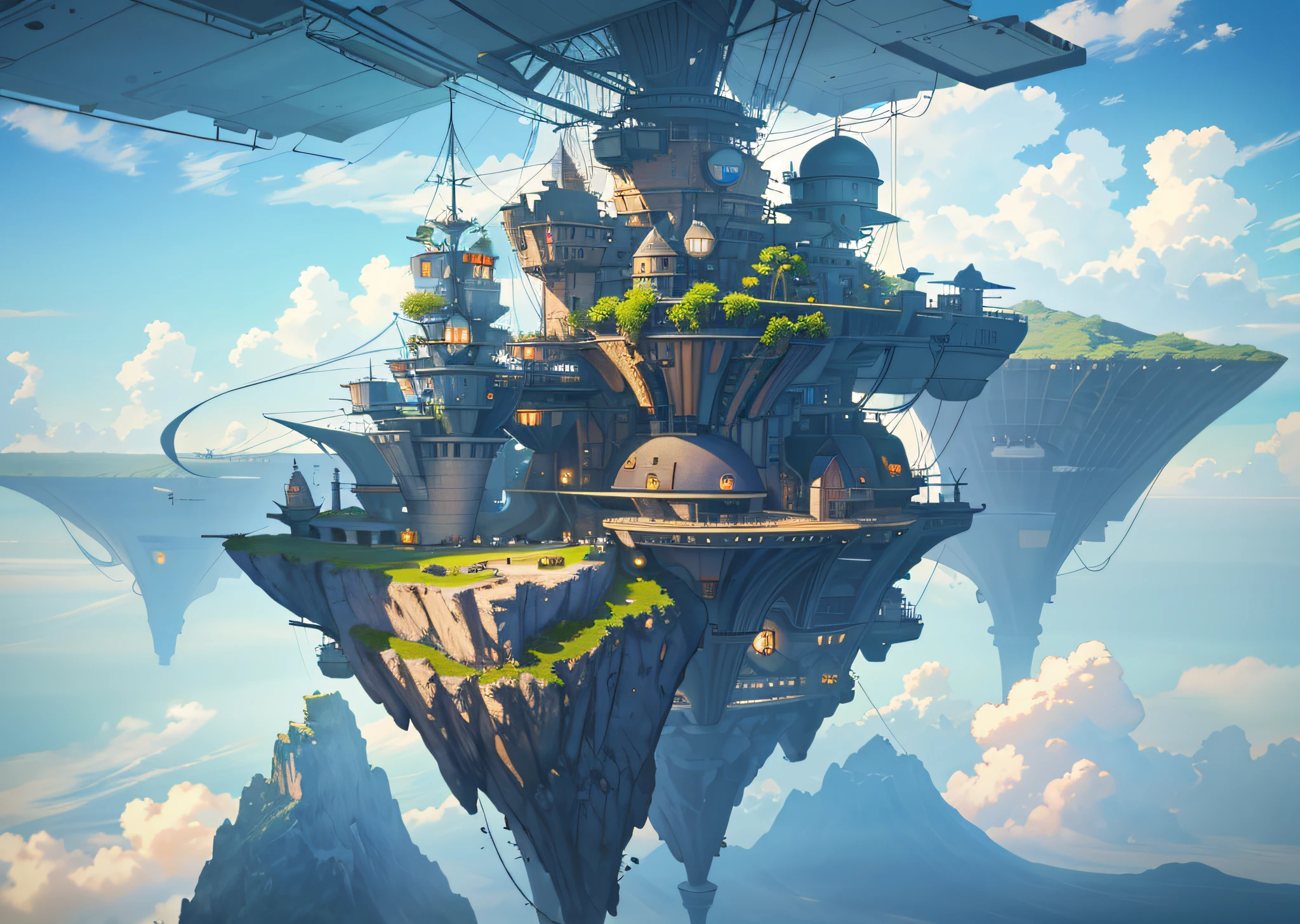 Many islands are suspended in the air with many small airships flying around, cities, fantasy, magical plants growing, extreme details, realistic light, epic composition, (complex details), (complex design, ultra-details :1.2), Art Station, (Masterpiece, Best Quality), Ultra HD, 32k --v 6