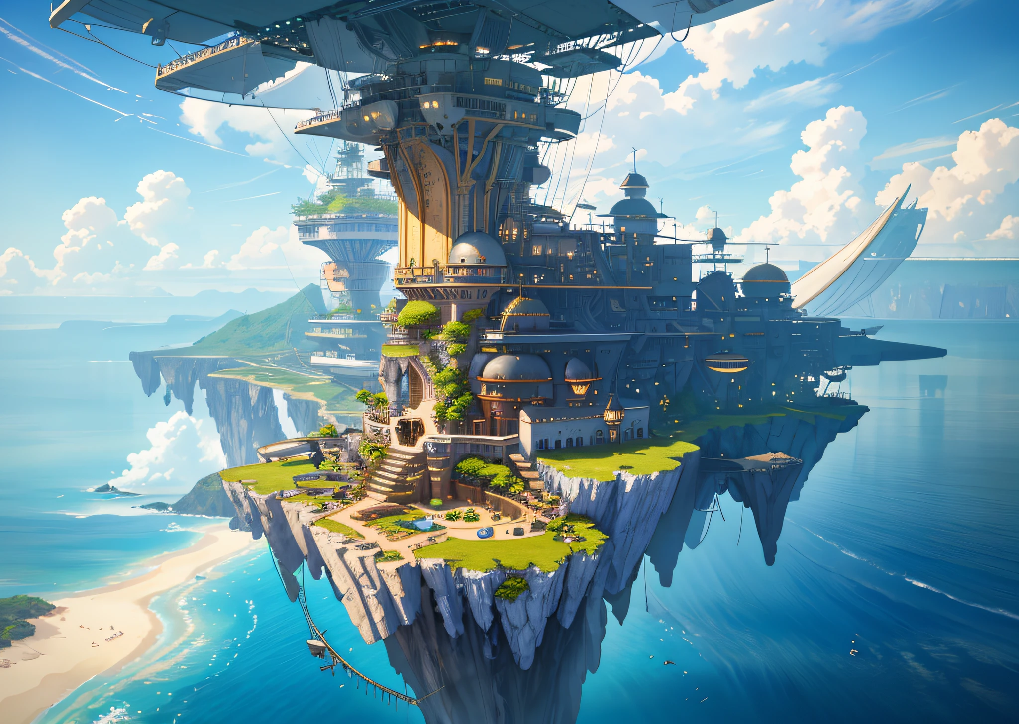 Many islands are suspended in the air with many small airships flying around, cities, fantasy, magical plants growing, extreme details, realistic light, epic composition, (complex details), (complex design, ultra-details :1.2), Art Station, (Masterpiece, Best Quality), Ultra HD, 32k --v 6