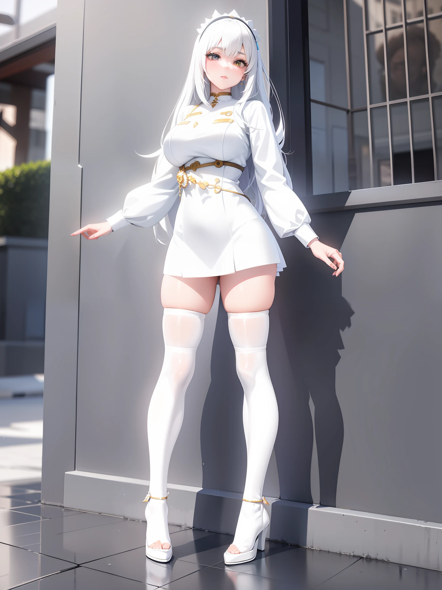 There are women posing with white pictures, anime full body, anime white shiny thick, anime 3D style, white silky costume, highly detailed full body, anime girl rendering, white clothes, white puffy costume, anime clothes, Sakimi-chan HDRI, anime portrait full body, white costume, full body photo.