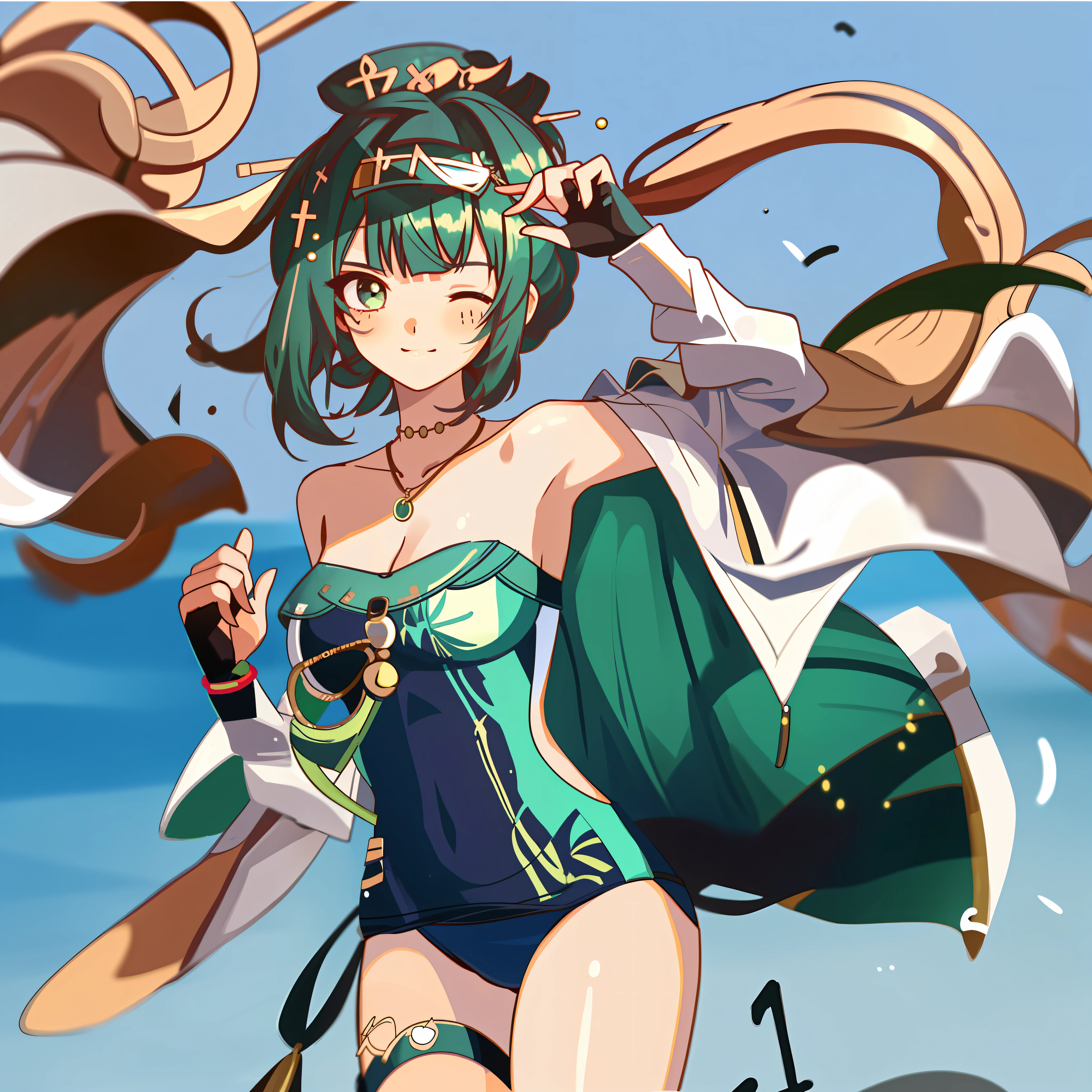 1girl, wink, wink, swimsuit