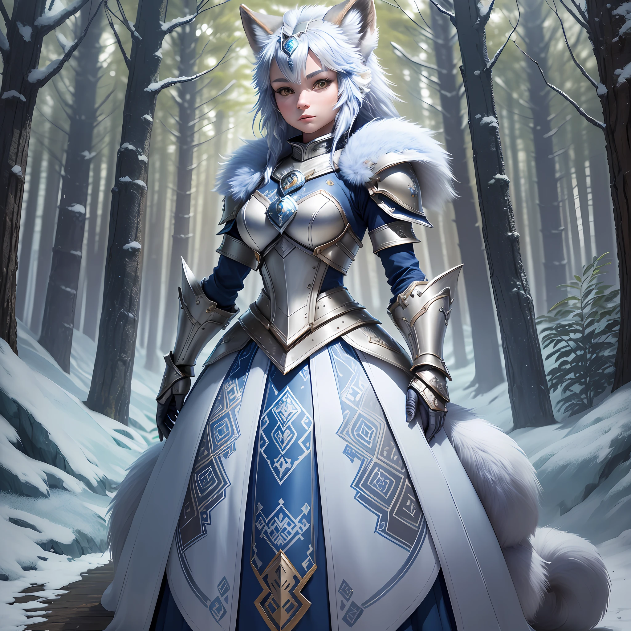(((solo exhibition))), fox head, anthropomorphic fox, white and blue armor, Renaissance plate armor, heavily decorated costumes, (full body) Take photos of the most beautiful artwork in detail, Intricate details, high detail, ultra-realistic, hidden armor, petite proportions, realistic anthropomorphic art, (anthropomorphic art!!!, ((female human arctic fox knight)), forest, very, very beautiful human art, realistic, 8k, no human hair, no repetition, no repeating tail, No clones, no big heads