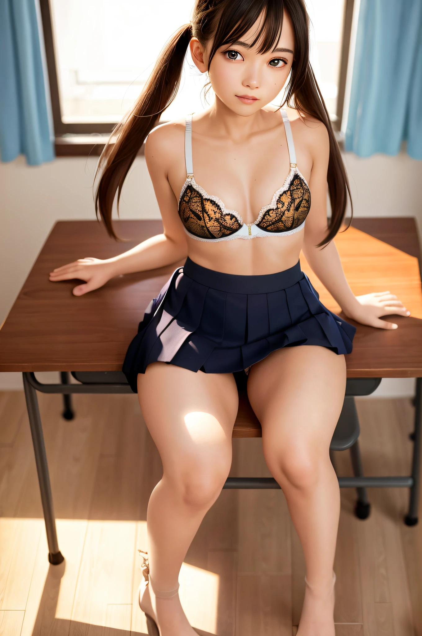 masterpiece, top quality, ultra high definition, illustration, colorful, flat color, depth of field, lens flare
1 girl, anime, sitting, cotton underwear, black hair, watching viewer, classroom, pleated mini skirt, school uniform, girls' high school, black pantyhose, detailed touch, detailed cloth texture, beautiful detailed face, long legs, tighten abs, (camel toe), (no panties), (without bra) ,(full body),