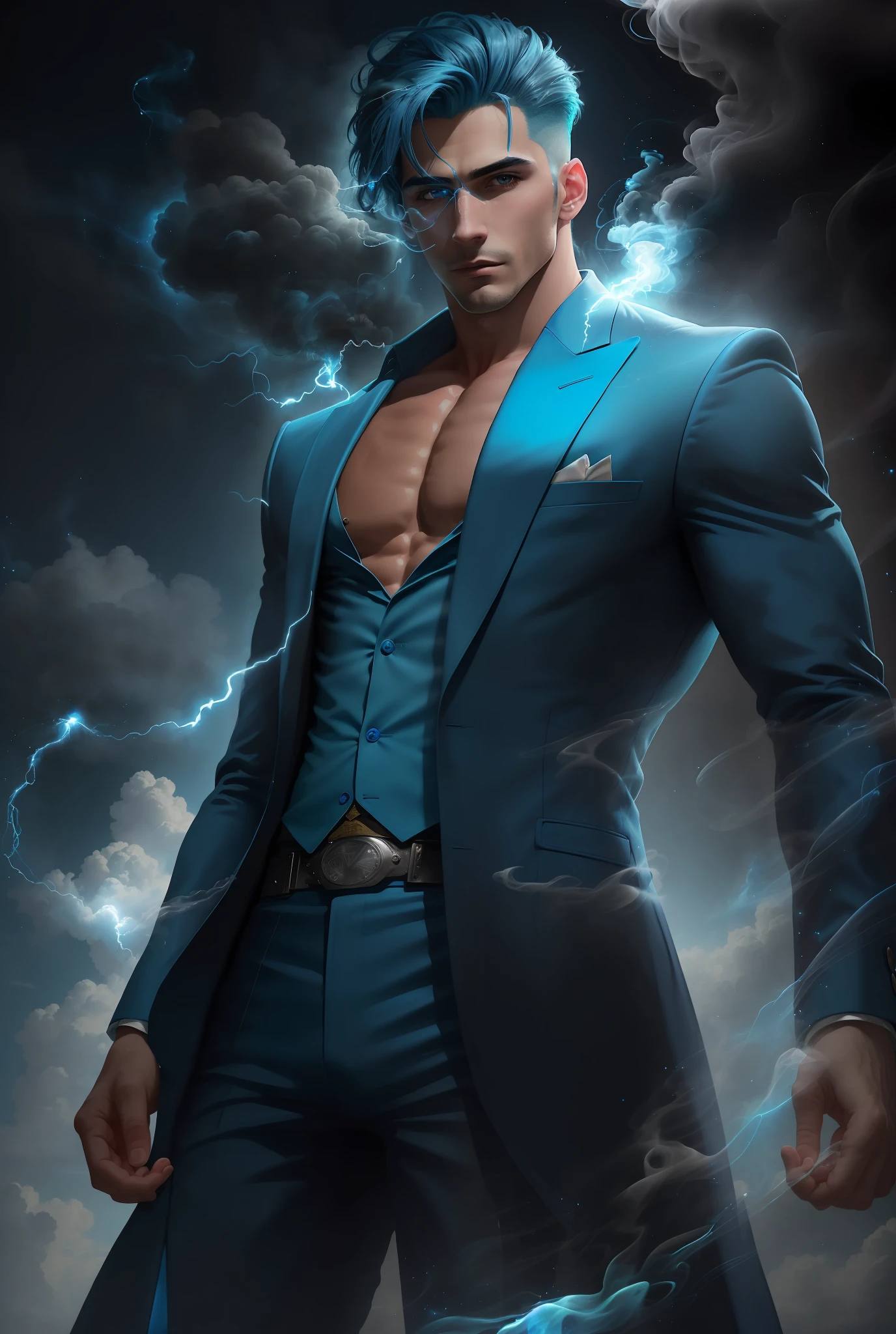 Masterpiece, top quality, blue hair, blue lightning, pointing the finger at yourself. Magic. Another world. Blue smoke billows. Handsome. Handsome man. Cool. A man in his 20s. Eyes that glow blue. Blue thunder. Suit. Airborne particles.