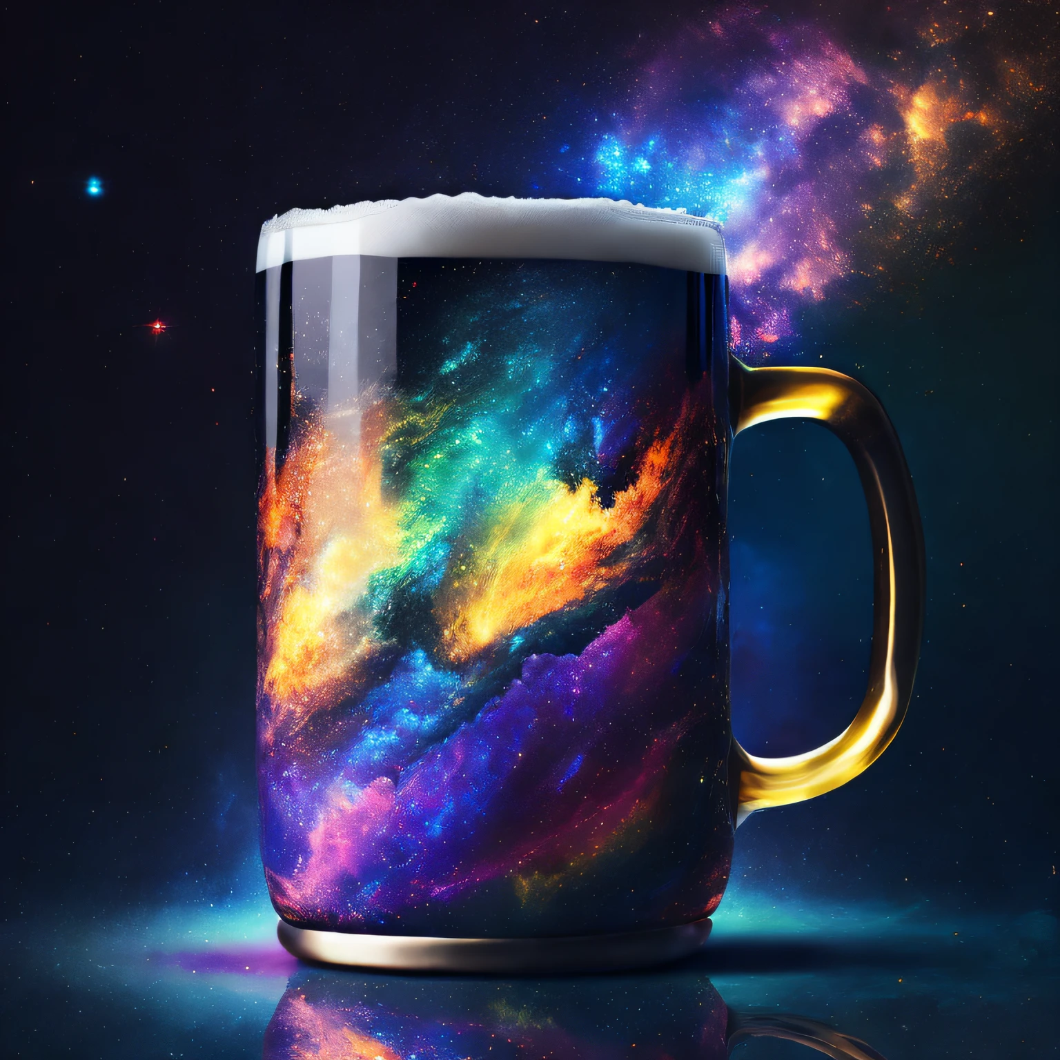(masterpiece), beer mug floating in space, colorful nebula, professional photography, octane render, hyper realistic - amazing sunlight, Dynamic composition, Photography, Sharp focus, Bokeh