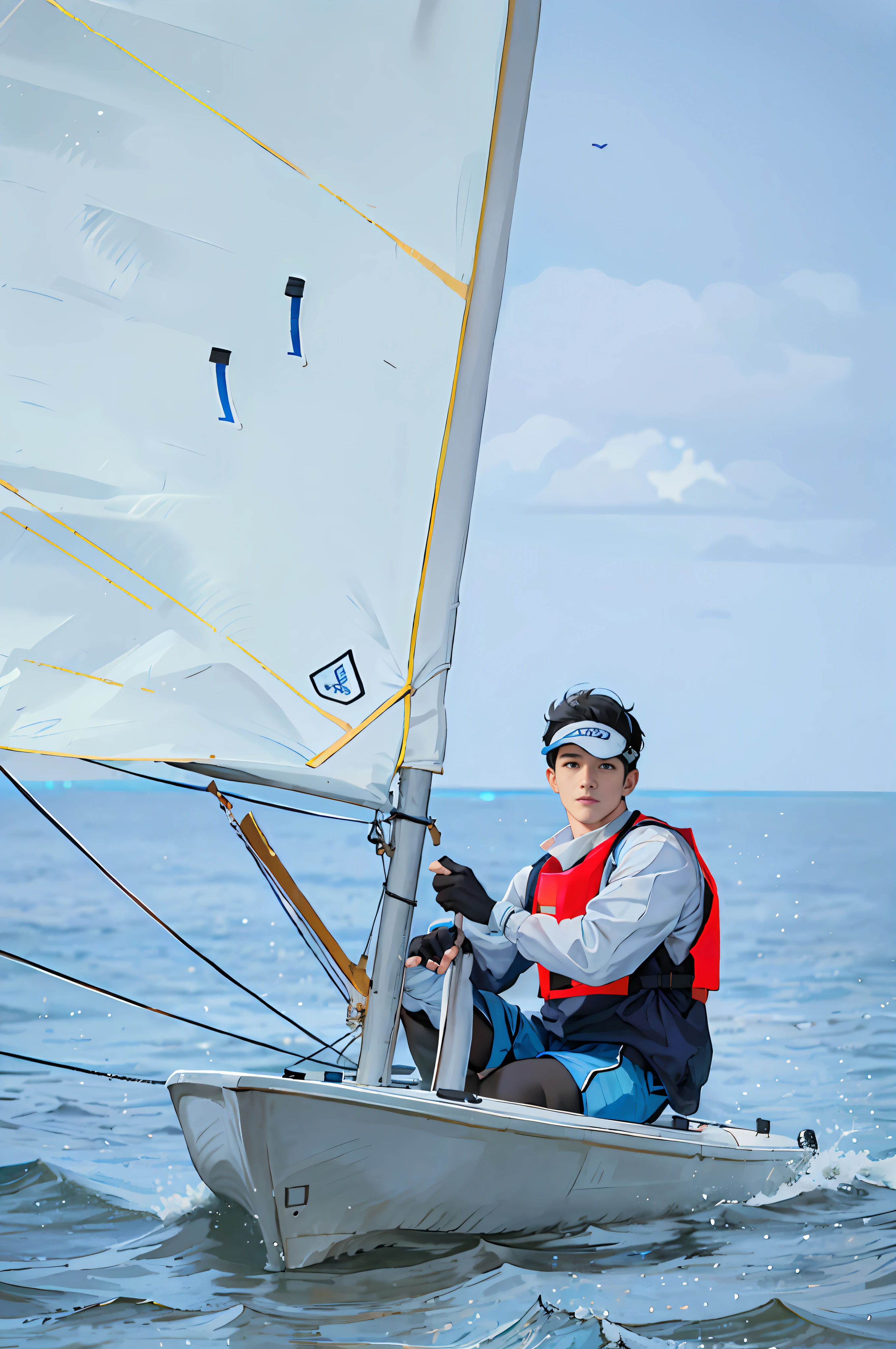 1 boy, asian, solo, outdoor, white cloud, blue_sky, water, ocean, white sail, boat, boat, male focus, short hair, black hair, sitting, visor_cap, jacket, tank top, long sleeves, gloves, hat, shorts, pants, fingerless gloves, black gloves, blue pants, blue shorts,