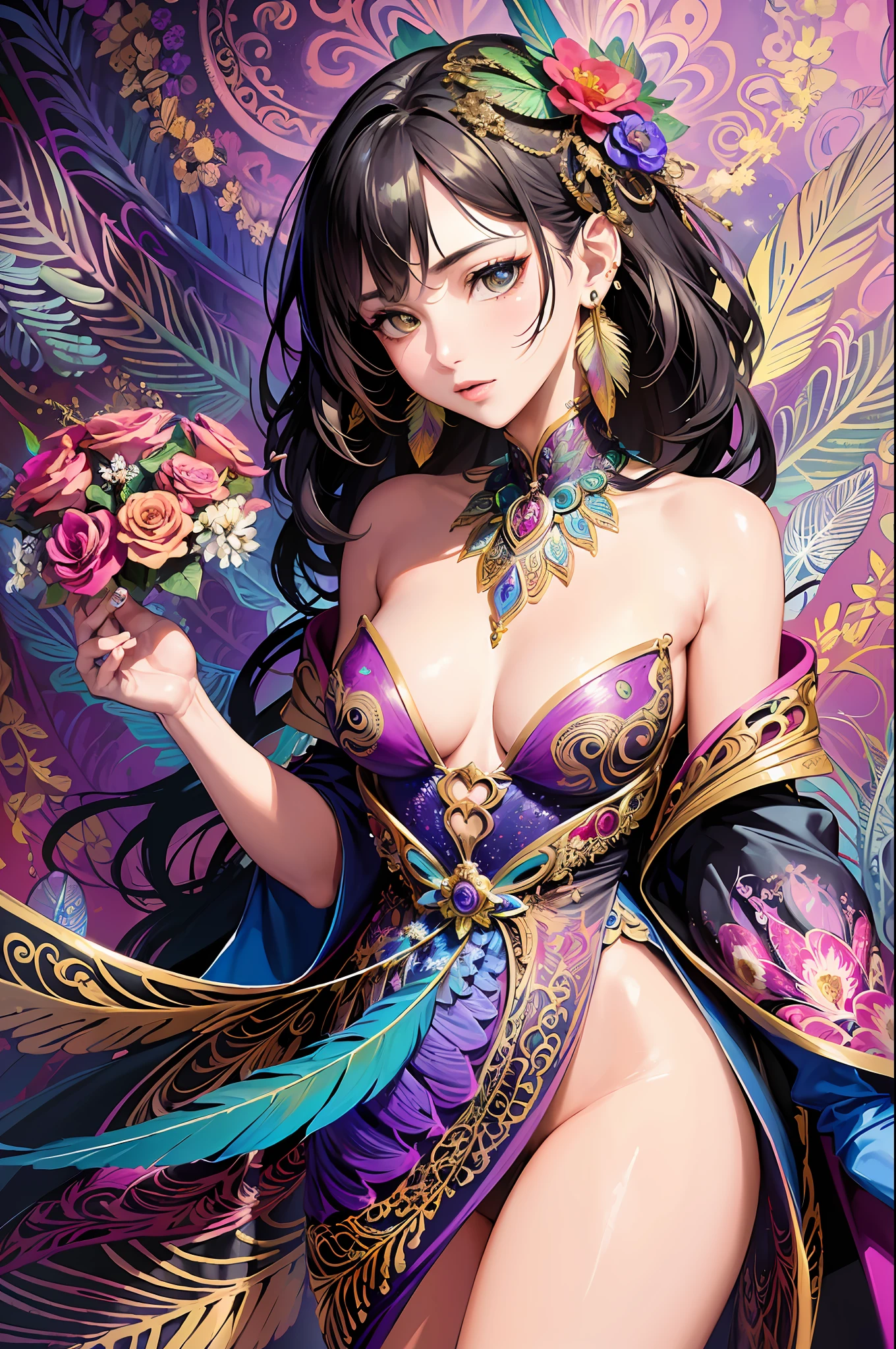 (masterpiece, top quality, best quality, official art, beautiful and aesthetic:1.2), (1girl:1.3), extremely detailed,(fractal art:1.1),(colorful:1.1)(flowers:1.3),highest detailed,(zentangle:1.2), (dynamic pose), (abstract background:1.3), (shiny skin), (many colors:1.4), ,(earrings:1.4), (feathers:1.4)