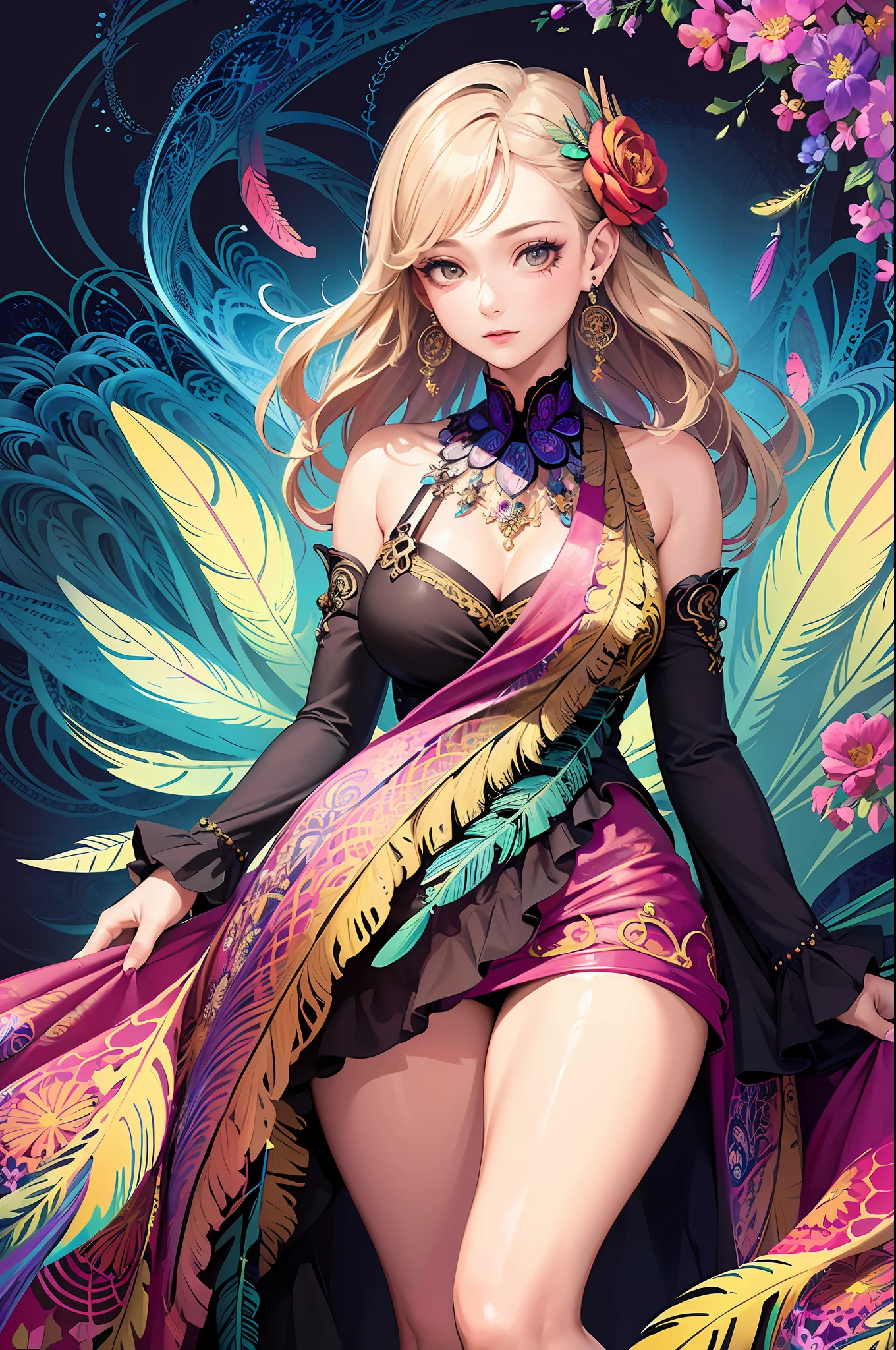 (masterpiece, top quality, best quality, official art, beautiful and aesthetic:1.2), (1girl:1.3), extremely detailed,(fractal art:1.1),(colorful:1.1)(flowers:1.3),highest detailed,(zentangle:1.2), (dynamic pose), (abstract background:1.3), (shiny skin), (many colors:1.4), ,(earrings:1.4), (feathers:1.4)