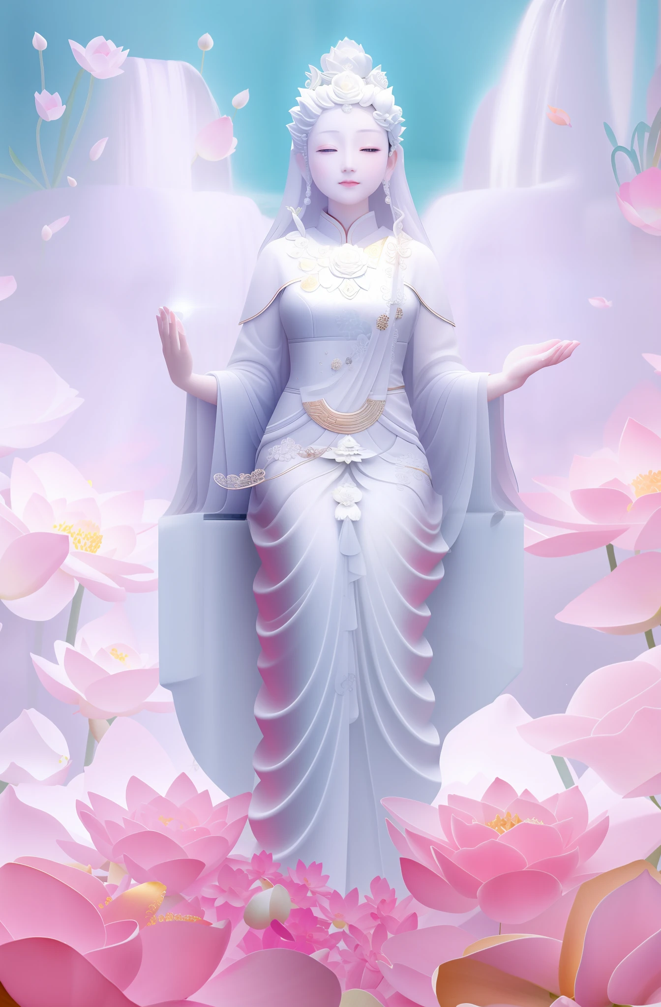 Guanyin sitting on lotus seat, Guanyin Bodhisattva, woman, light from heaven, white as jade, lotus flower, many lotus flowers, waterfall like snowy mountain, pouring, light, shining, ultra-high detail, actual photo, intricate details, perfect composition, beautiful detail complex, 8k HD