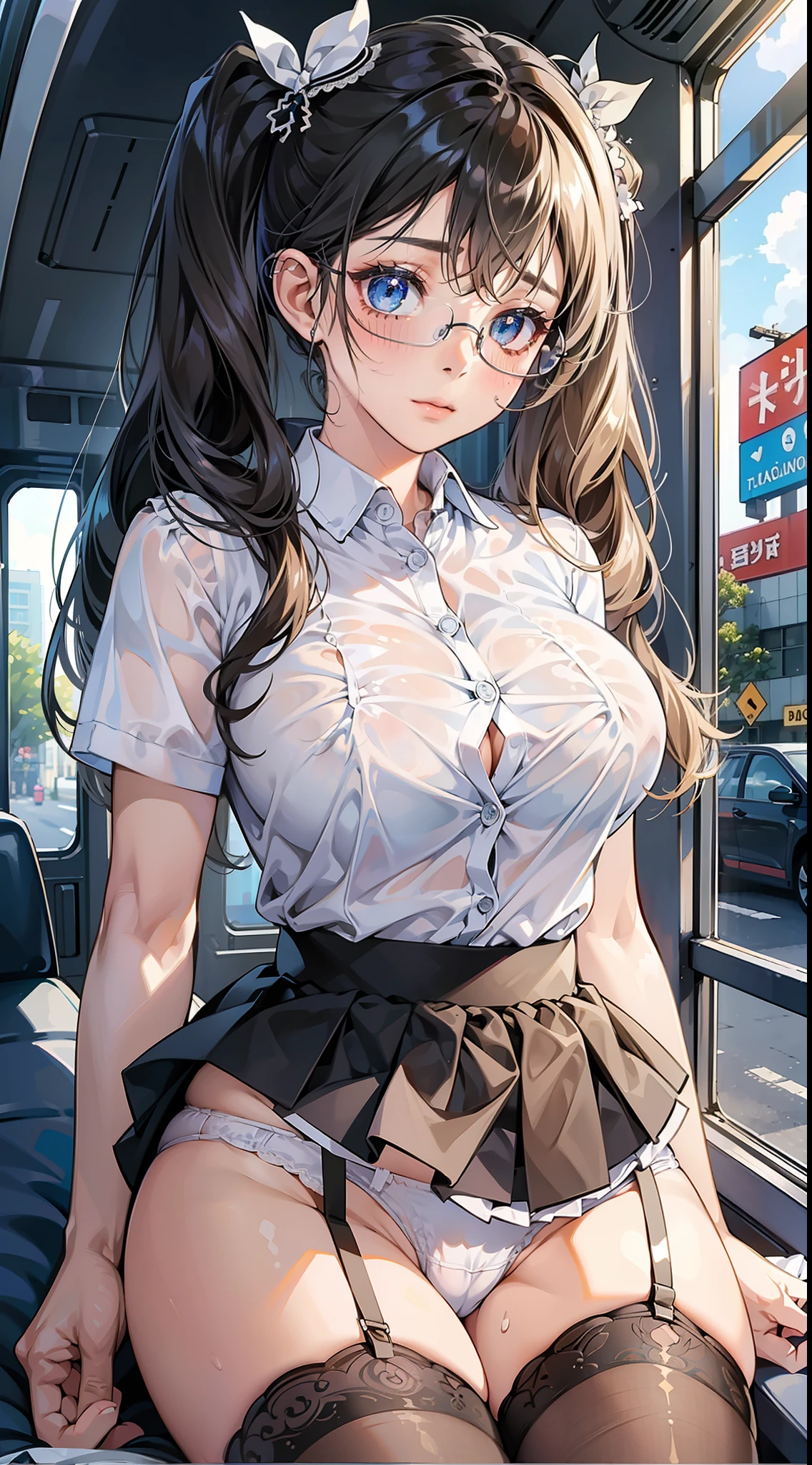 ((masterpiece)), ((best quality)), (ultra-detailed), ((kawaii)), cute, (lovely), ((sexy)), (ero), ((extremely detailed)), 4K, (8K), best quality, (beautiful),
Bus, seat, lift up one's skirt,
1girl, beautiful blue eyes, beautiful black twintail hair, glasses,
open-button shirt, short skirt, stockings, ((White panties, cameltoe)),
buttocks, large breast, sweaty, wet body, navel out, thighs out, slim, slender, ribon, ashamed, blush, translucent body, Transparent, shiny-glistening, gleaming,