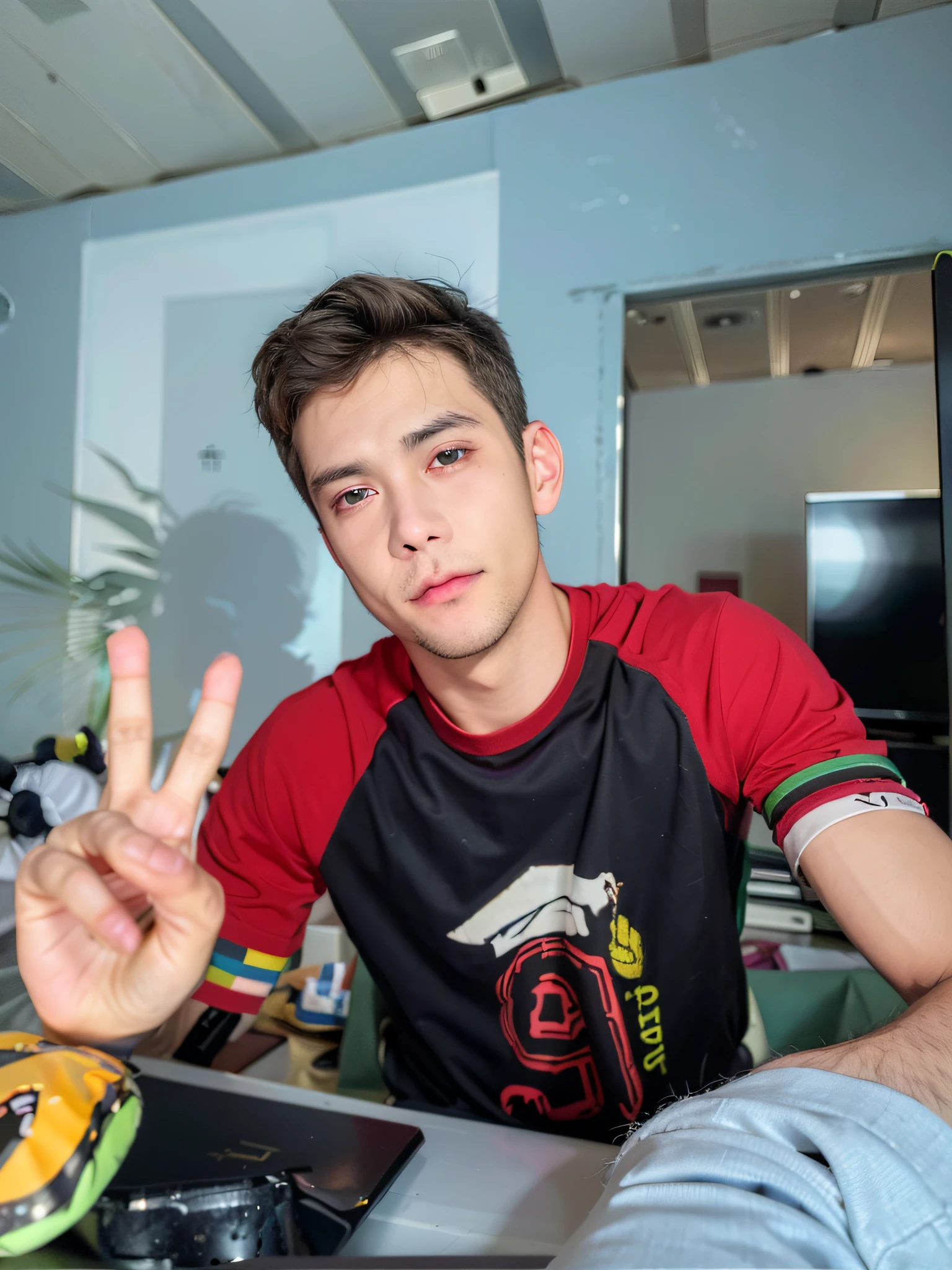 You're looking at your computer screen, where a 21-year-old is playing a 4K game. He's sitting in a black leather chair, wearing a pair of RGB-lit headphones and a black T-shirt with the logo of his favorite game emblazoned on his chest. His eyes are fixed on the screen, while his skilled fingers quickly move the mouse and keyboard, making precise and quick movements in the game. The room is dark, with only the light from the monitor and the RGB lighting of the young man's accessories illuminating the room. You can feel the excitement and adrenaline of the young man as he plays his favorite game in high definition.