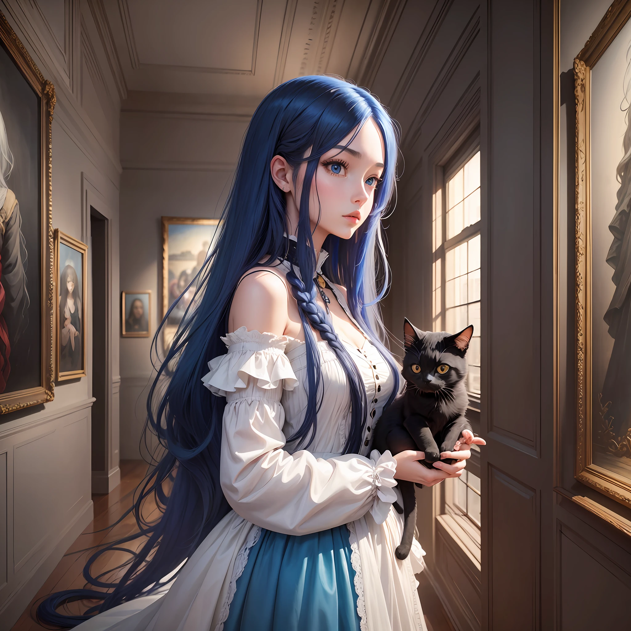 Inside a museum of modern art. A beautiful girl with super long blue hair is watching while holding a black kitten. Top quality, masterpiece, ultra-high definition, in anime style. --auto --s2