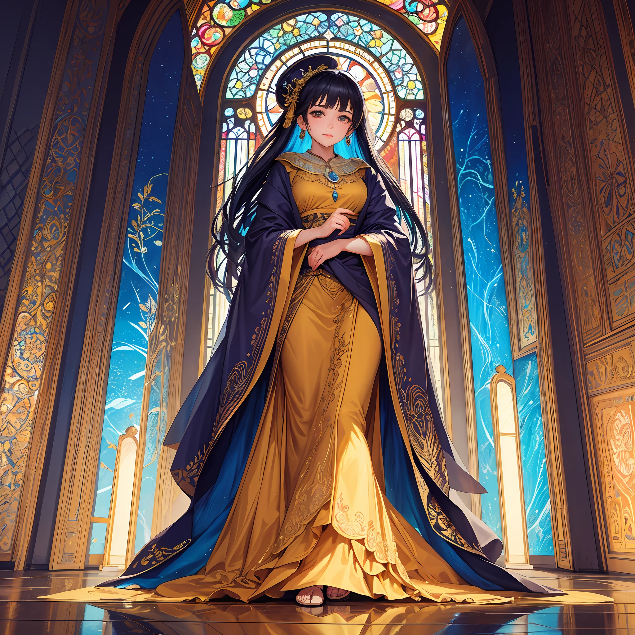 (masterpiece, top quality, best quality,official art, beautiful and aesthetic:1.2),(1girl:1.3), 1girl BREAK stained glass art, colored glass, lead lines, light transmission BREAK vibrant colors, intricate designs, luminous effects, spiritual ambiance
