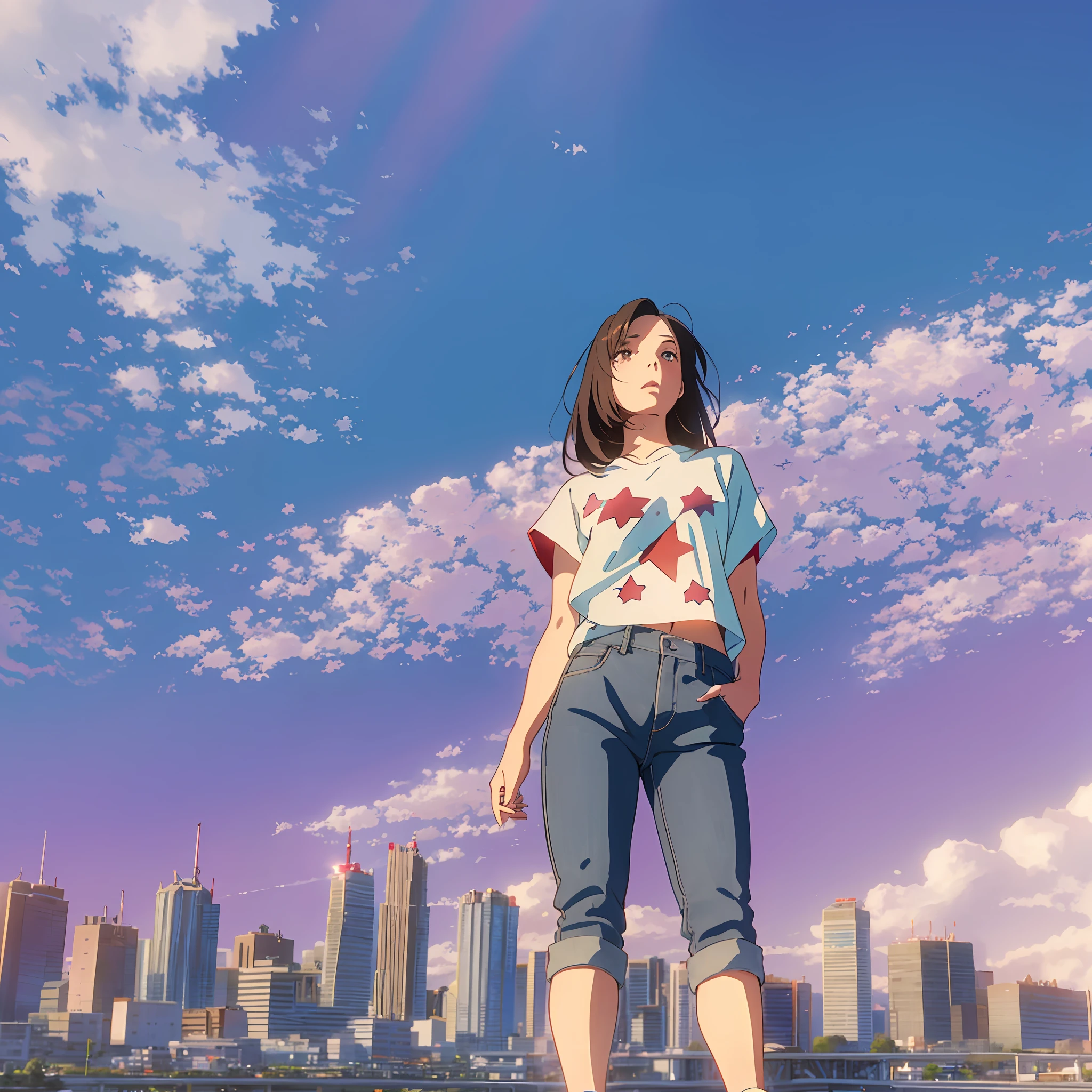 Panorama, Giant Maiden, (1girl:1.3), short-sleeved top with single red five-pointed star on chest, sunny, pale cumulus, top-down, red high-top canvas shoes, blue denim cropped pants, city background, square, destructive behavior