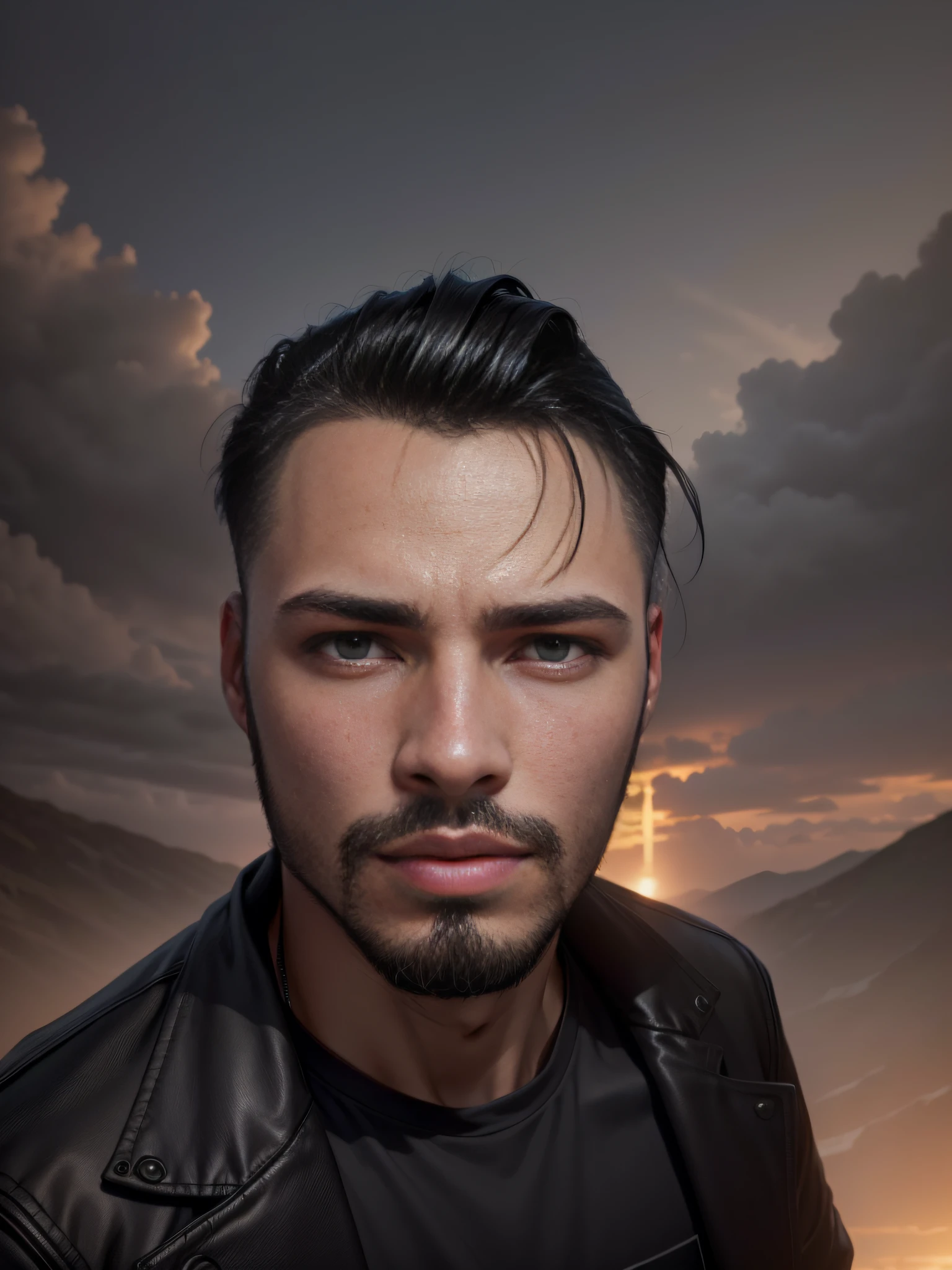 a closeup of a teenager with jacket, long black hair and swept back, man, short hair on the sides of the head, modern haircut, black hair spiked in gel, straight hairstyle, straight hair back, undercut haircut, small black goatee,with a solid color landscape --auto --s2