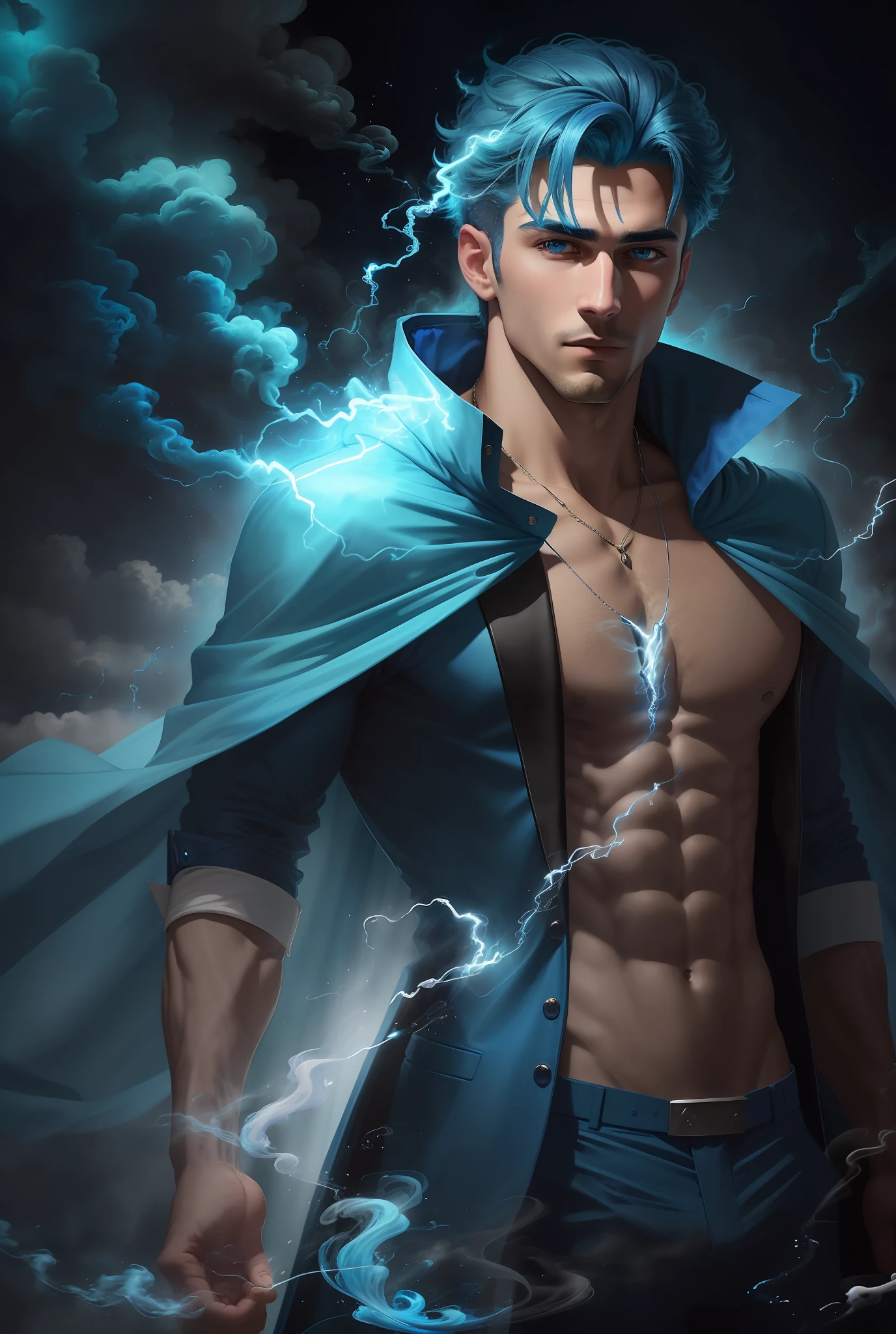 Masterpiece, top quality, blue hair, blue lightning, pointing the finger at yourself. Magic. Another world. Blue smoke billows. Handsome. Handsome man. Cool. A man in his 20s. Eyes that glow blue. Blue thunder. Suit. Airborne particles. Cloak. Necklace.