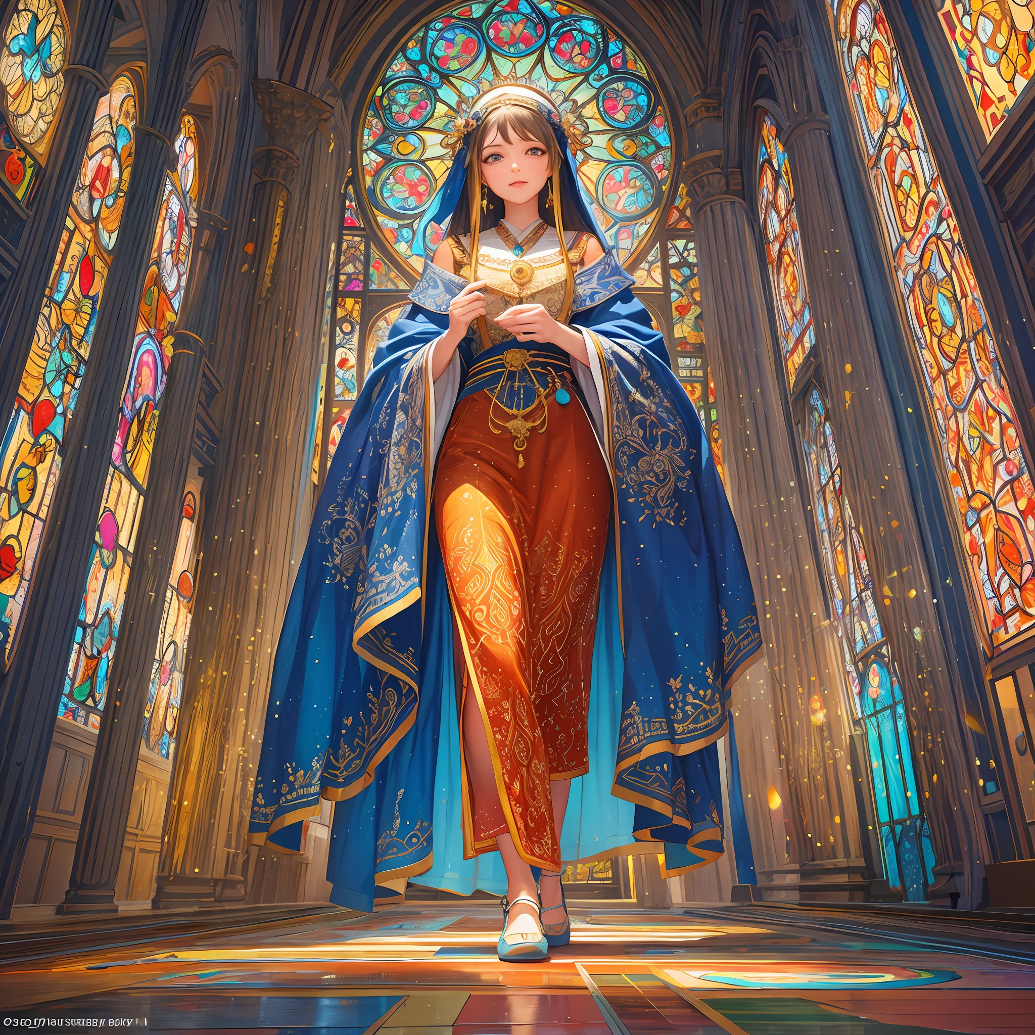 (masterpiece, top quality, best quality,official art, beautiful and aesthetic:1.2),(1girl:1.3), 1girl BREAK stained glass art, colored glass, lead lines, light transmission BREAK vibrant colors, intricate designs, luminous effects, spiritual ambiance