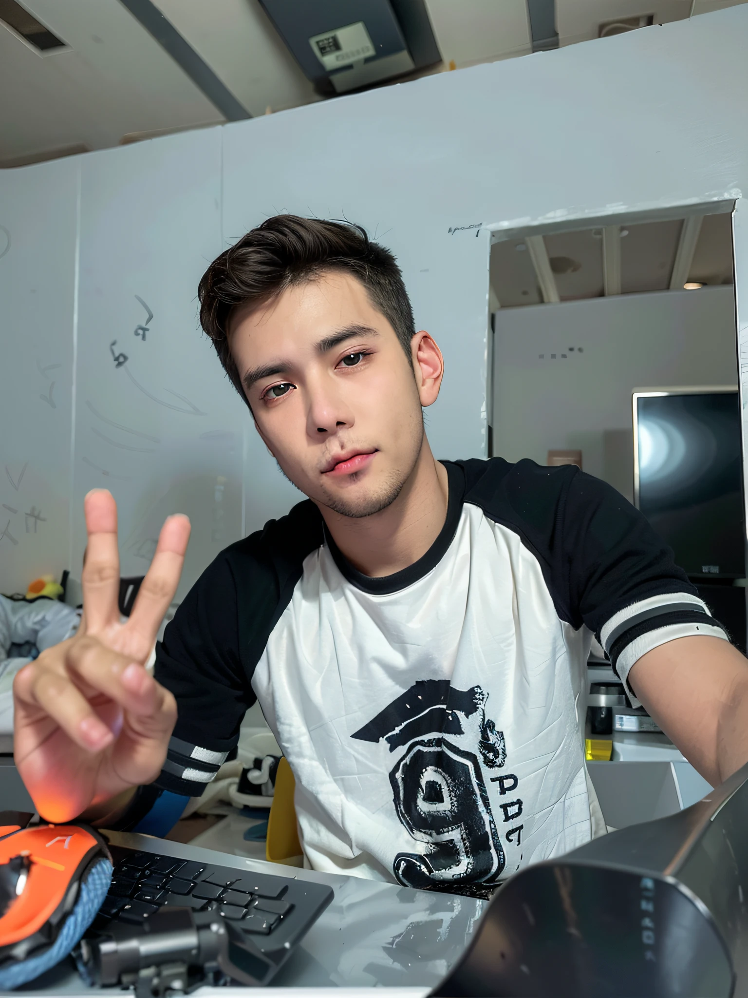 You're looking at your computer screen, where a 21-year-old is playing a 4K game. He's sitting in a black leather chair, wearing a pair of RGB-lit headphones and a black T-shirt with the logo of his favorite game emblazoned on his chest. His eyes are fixed on the screen, while his skilled fingers quickly move the mouse and keyboard, making precise and quick movements in the game. The room is dark, with only the light from the monitor and the RGB lighting of the young man's accessories illuminating the room. You can feel the excitement and adrenaline of the young man as he plays his favorite game in high definition.