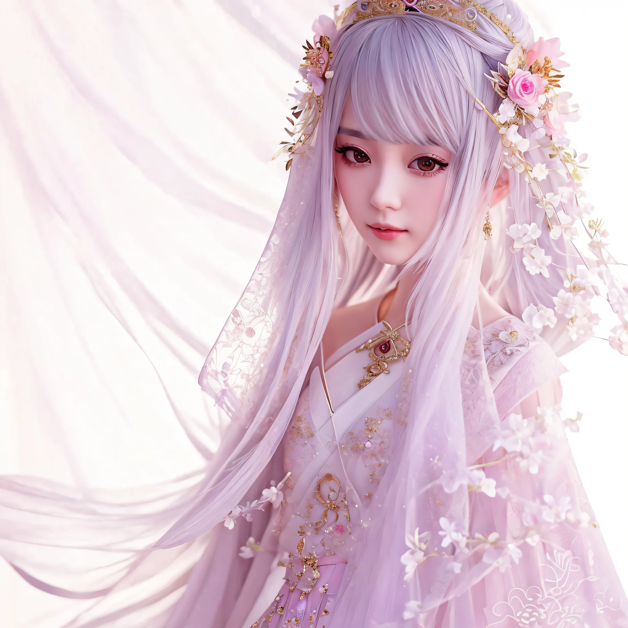 there is a woman in a pink dress with a veil on, guweiz, artwork in the style of guweiz, palace ， a girl in hanfu, ((a beautiful fantasy empress)), guweiz masterpiece, a beautiful fantasy empress, white hanfu, ethereal beauty, ancient chinese princess, beautiful character painting, a beautiful artwork illustration