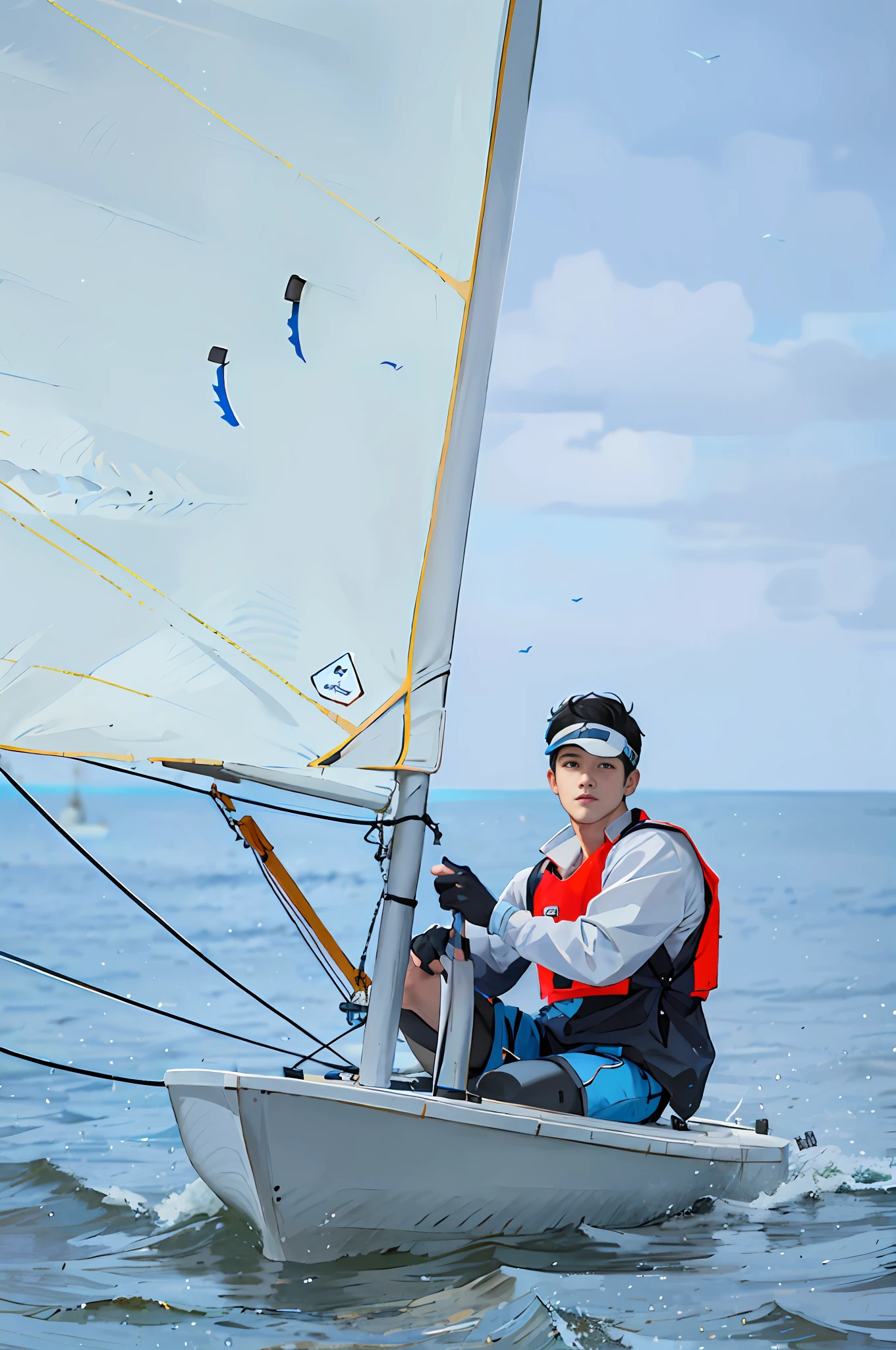 1 boy, asian, solo, outdoor, white cloud, blue_sky, water, ocean, white sail, boat, boat, male focus, short hair, black hair, sitting, visor_cap, jacket, tank top, long sleeves, gloves, hat, shorts, pants, fingerless gloves, black gloves, blue pants, blue shorts,