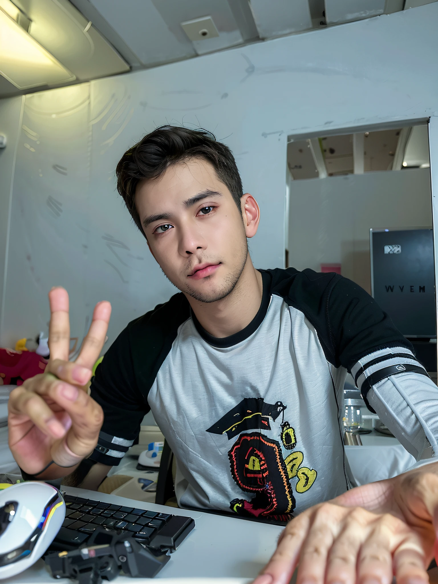 You're looking at your computer screen, where a 21-year-old is playing a 4K game. He's sitting in a black leather chair, wearing a pair of RGB-lit headphones and a black T-shirt with the logo of his favorite game emblazoned on his chest. His eyes are fixed on the screen, while his skilled fingers quickly move the mouse and keyboard, making precise and quick movements in the game. The room is dark, with only the light from the monitor and the RGB lighting of the young man's accessories illuminating the room. You can feel the excitement and adrenaline of the young man as he plays his favorite game in high definition.