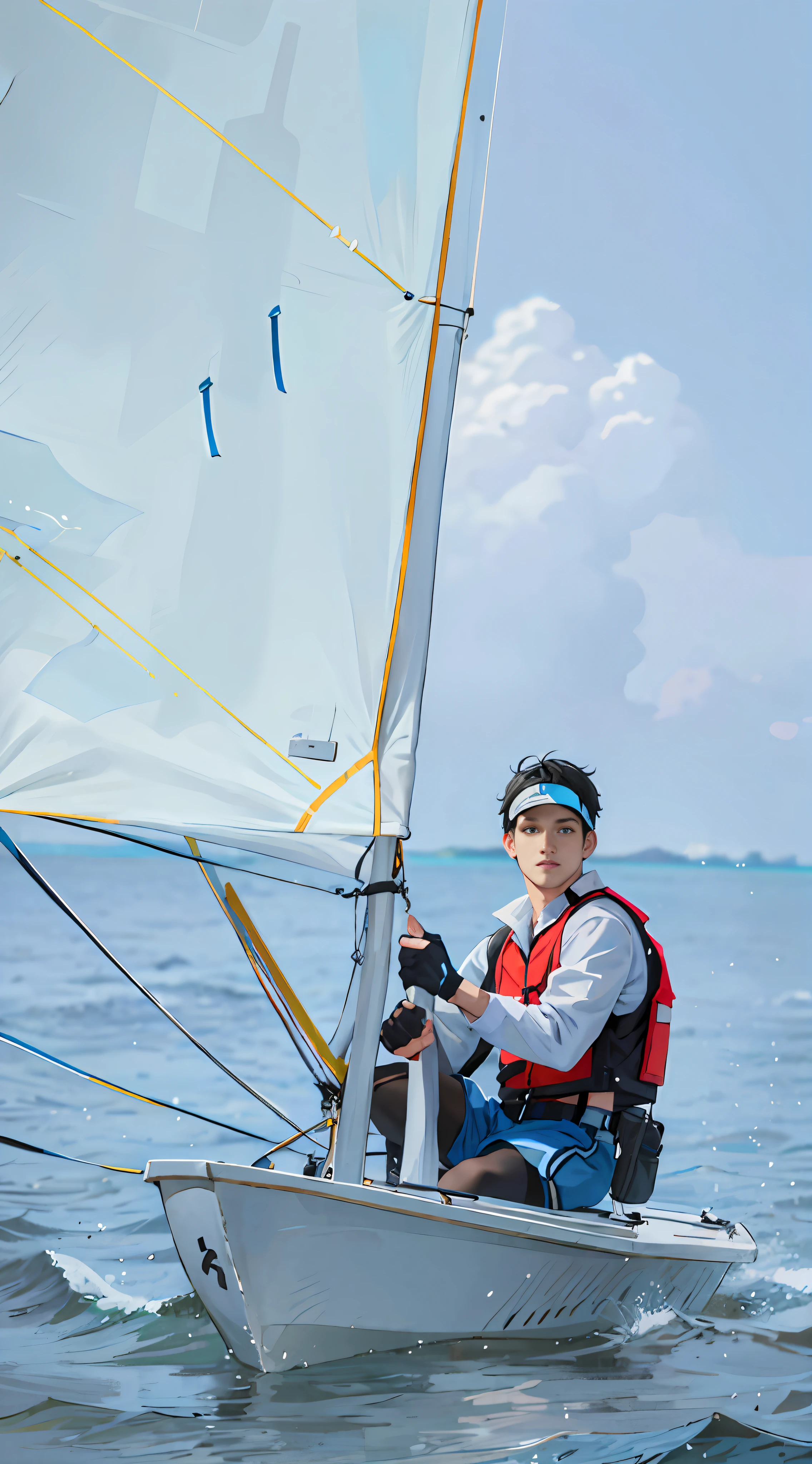 1boy,solo,outdoors,White cloud,The sky is full of white clouds,blue_sky,water,ocean,White sail,watercraft,boat,male focus,short hair,snug,black hair,sitting,visor_cap,jacket,vest,long sleeves,gloves,hat,shorts,pants,fingerless gloves,black gloves,blue pants,blue shorts,