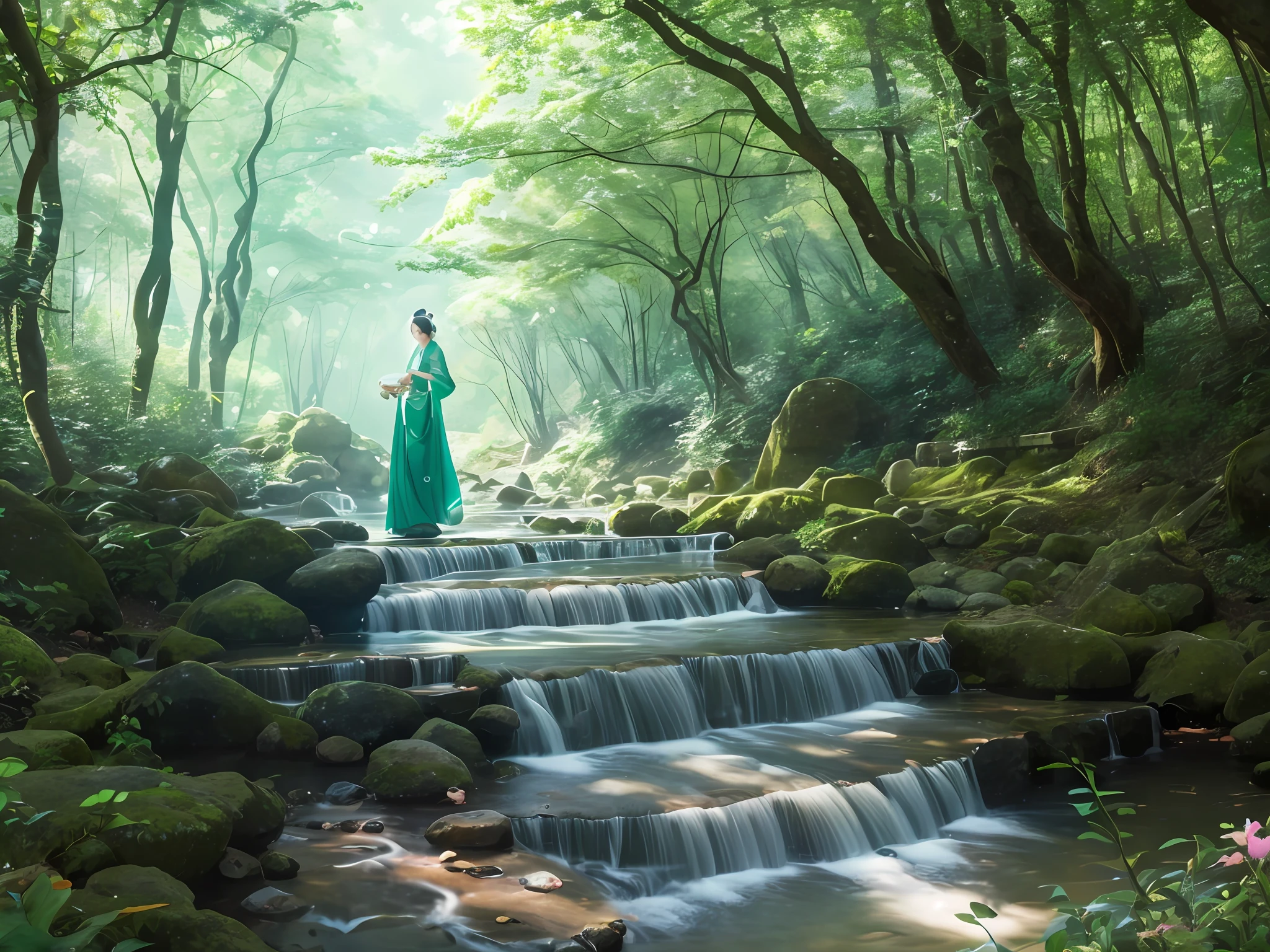 In this mysterious and dreamy valley, emerald green trees and clear streams intermingle, the water gurgles, as if telling something. The woman was dressed in a gorgeous Chinese costume, and her clothes flowed, like a fairy descending to the mortal world. Her steps are light and comfortable, as if she is at one with this deep forest of tranquility. Her face is beautiful and handsome, and her eyes show an indifferent look, as if she is admiring this beautiful natural scenery. The surrounding flowers and trees also seemed to gaze at her, quietly listening to her breathing and footsteps, and at this moment, it seemed that time had stopped. This dreamlike scenery is intoxicating, as if you are in the most beautiful corner of heaven and earth.
