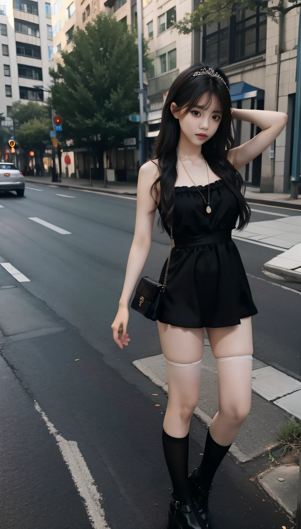 A Korean girl on the street, shaggy hair, delicate face, realistic, real, large aperture, wearing a black princess dress, a short princess skirt with a black necklace, black stockings on her legs, translucent onesies, slim,