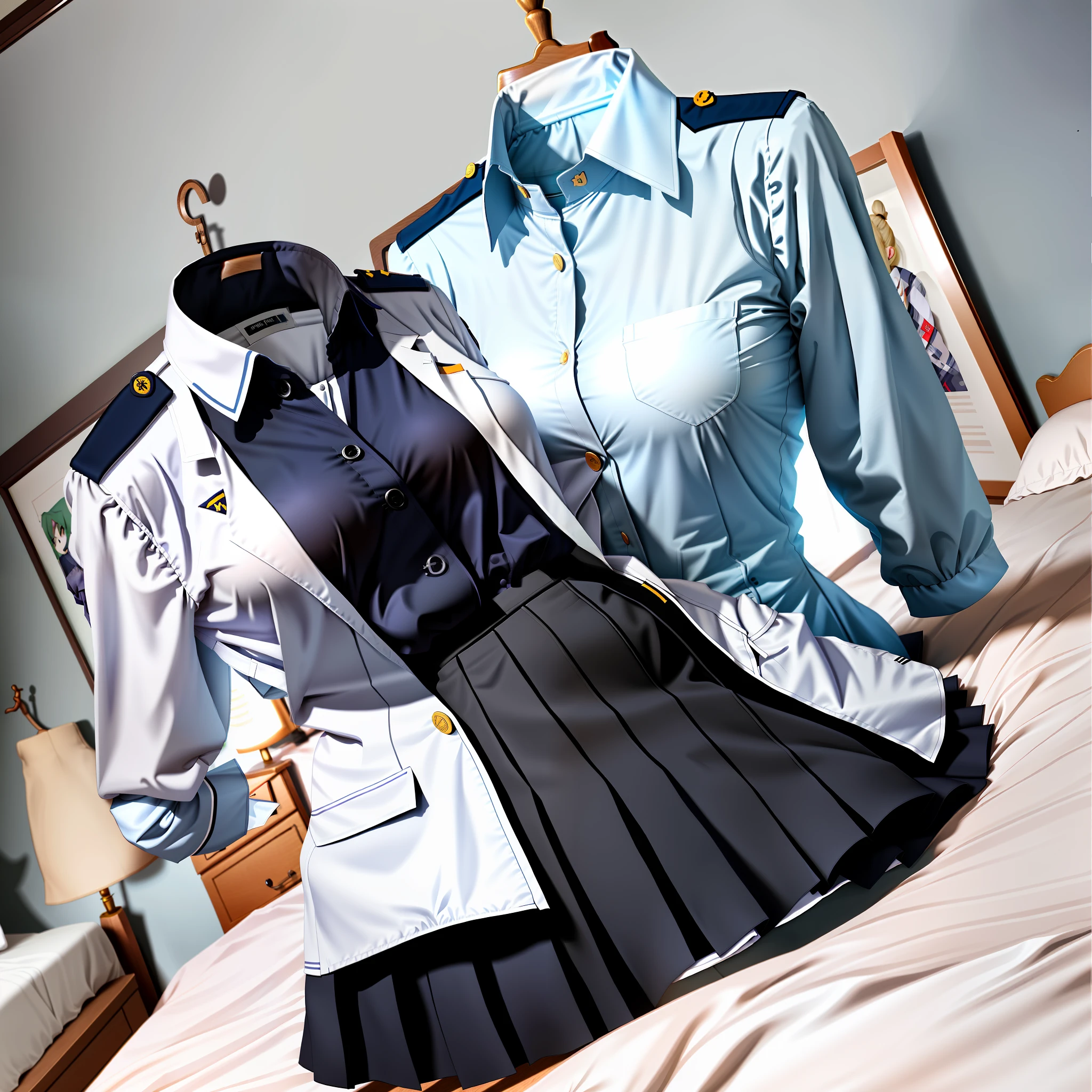 Invisible girls, without humans, headless, uniforms worn by invisible girls, (realistic: 0), headless, empty, headless, headless, invisible girl, uniforms, empty clothes, invisible body, invisible head, empty clothes, invisible girls, uniforms, invisible body, invisible head, clothes has big breasts,black tights, lying uniforms on the bed swells as if invisible girls wearing them, girl's busty uniforms begin to raise their sleeves and cross their sleeves on its own, as if worn by invisible girls, Hyohon, invisible body, headless, empty clothes, put school uniforms on the bed, invisible girls