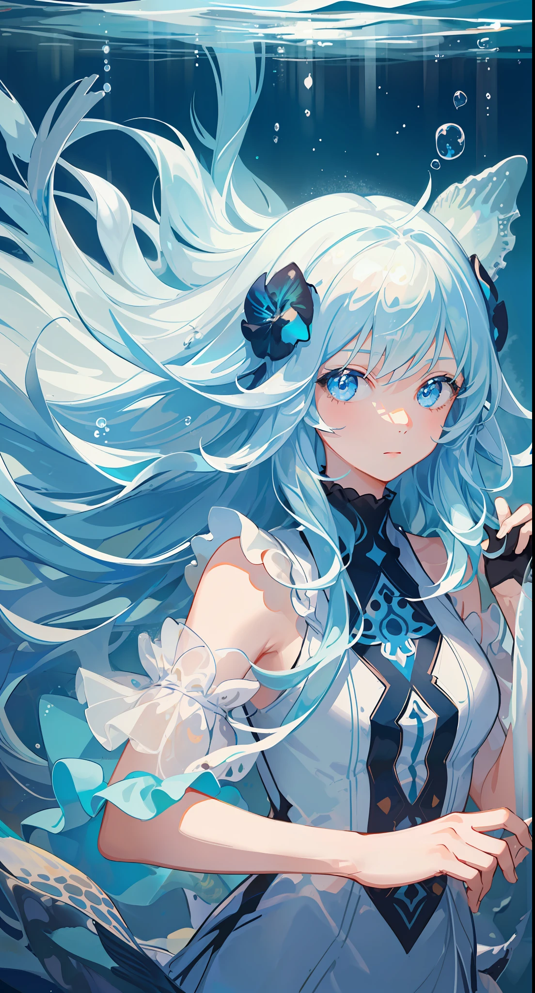 ((masterpiece,best quality)),(negative space:1.2),(1girl, solo:1.4),beautiful detailed eyes,floating hair, underwater, bubble, fish, (jellyfish), fluorescence,sea turtle, seaweed,