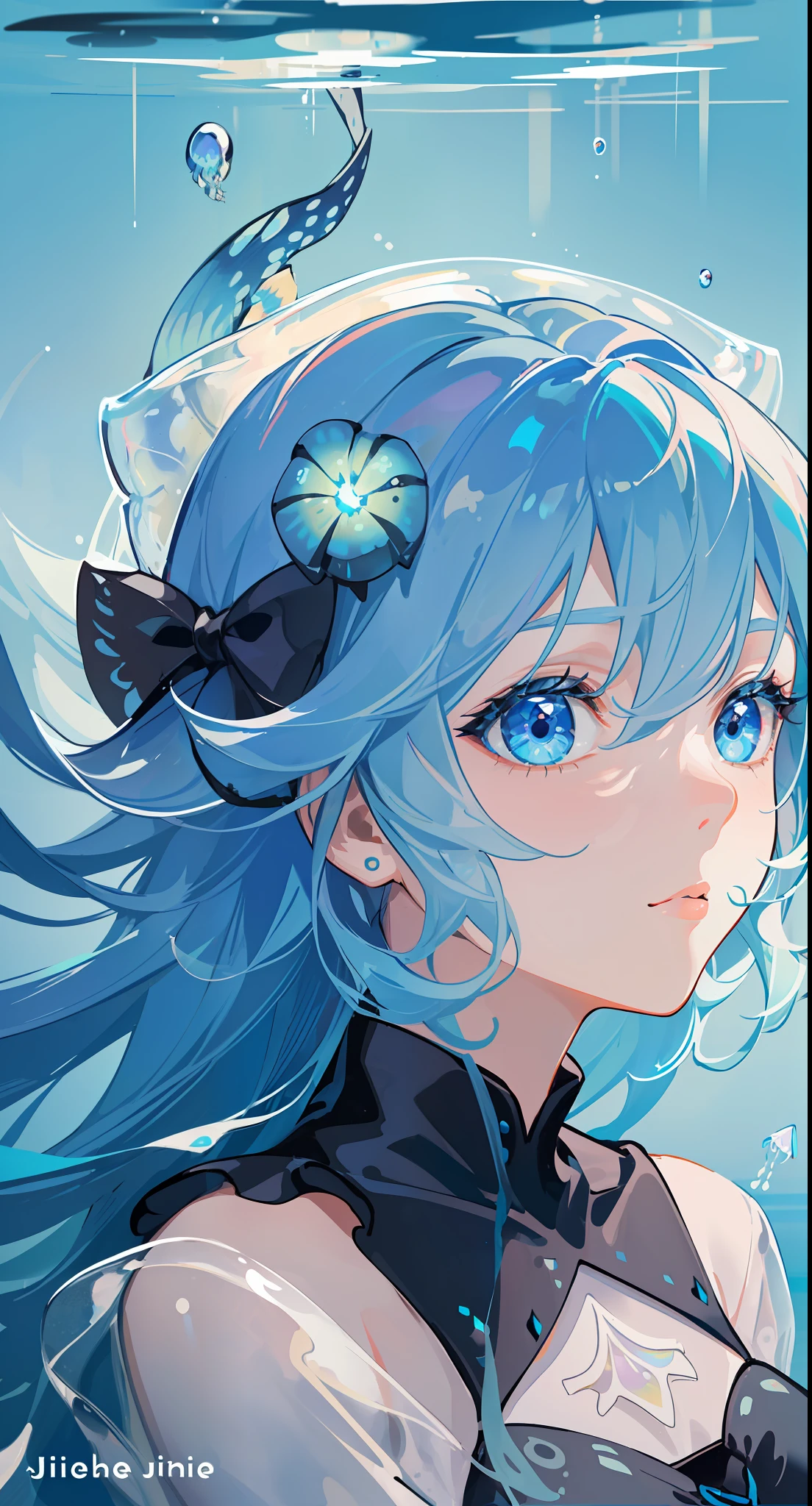 ((masterpiece,best quality)),(negative space:1.2),(1girl, solo:1.4),beautiful detailed eyes,floating hair, underwater, bubble, fish, (jellyfish), fluorescence,sea turtle, seaweed,