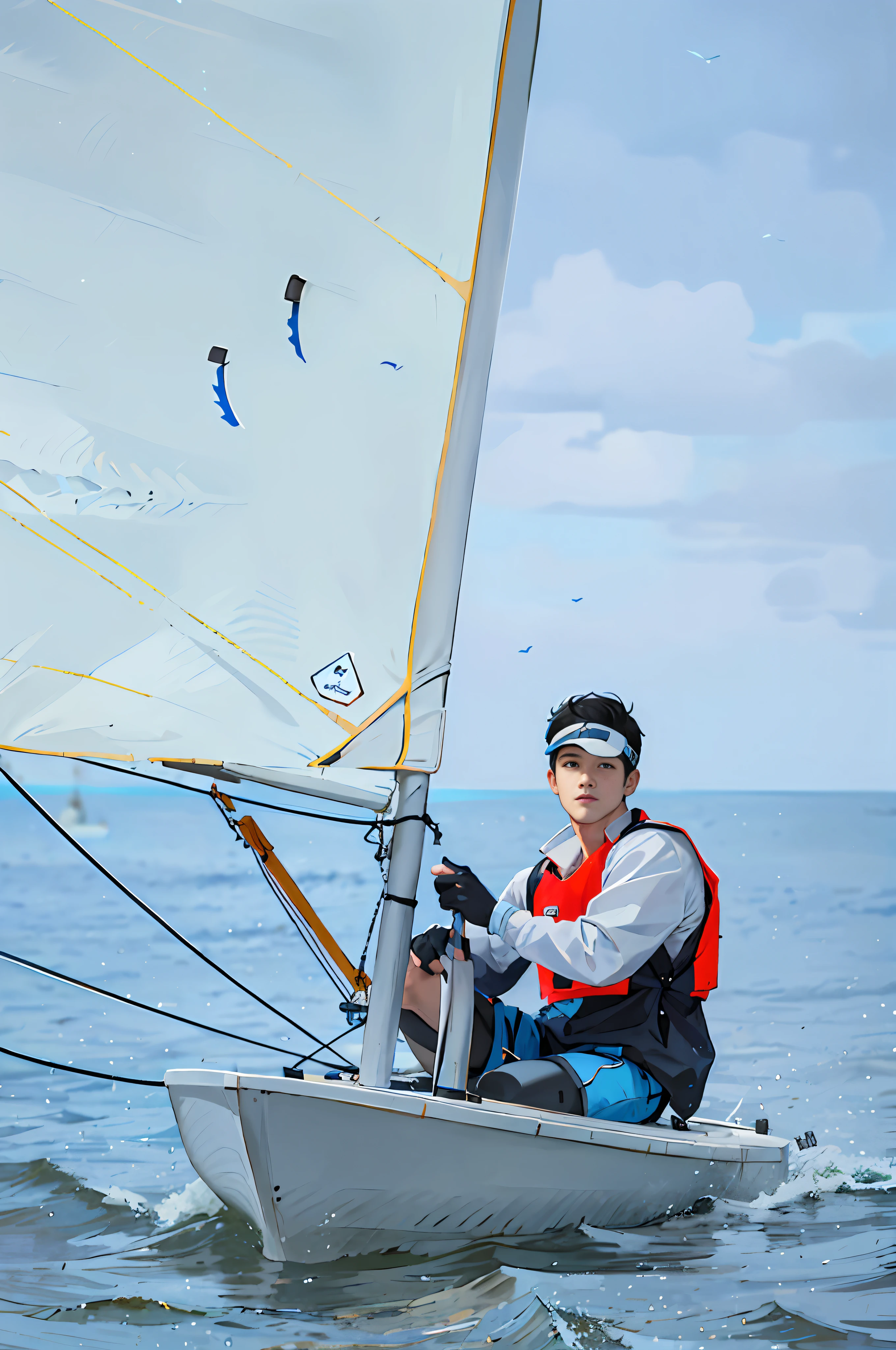 1 boy, asian, solo, outdoor, white cloud, blue_sky, water, ocean, white sail, boat, boat, male focus, short hair, black hair, sitting, visor_cap, jacket, tank top, long sleeves, gloves, hat, shorts, pants, fingerless gloves, black gloves, blue pants, blue shorts,