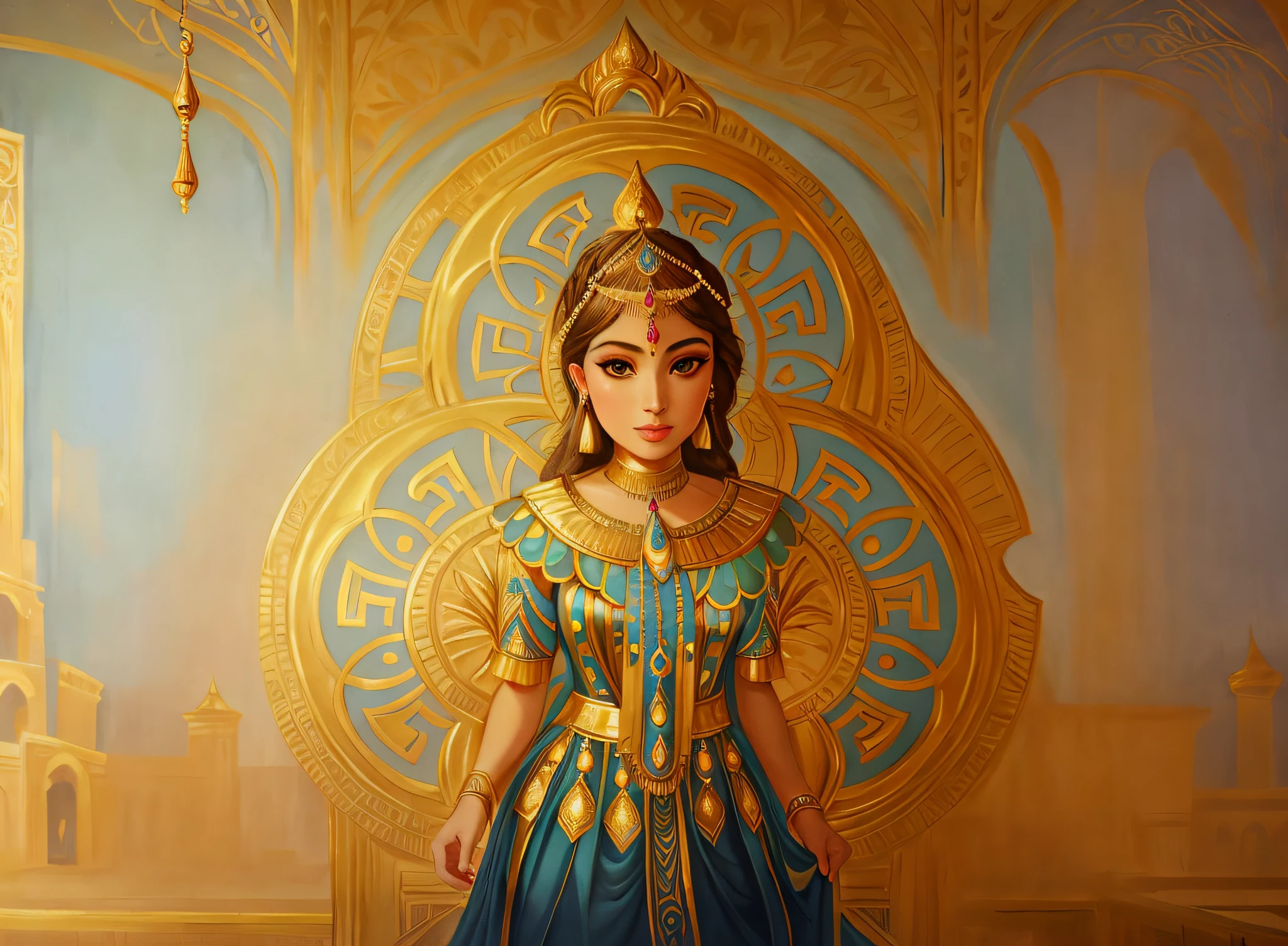 there is a woman in a blue dress standing in front of a gold wall, islamic goddess of wealth, a beautiful fantasy empress, of egyptian princess, portrait painting of a princess, ancient libu princess, gilded lotus princess, a beautiful artwork illustration, a stunning portrait of a goddess, portrait of a beautiful goddess, persian princess, beautiful female princess, goddess. extremely high detail