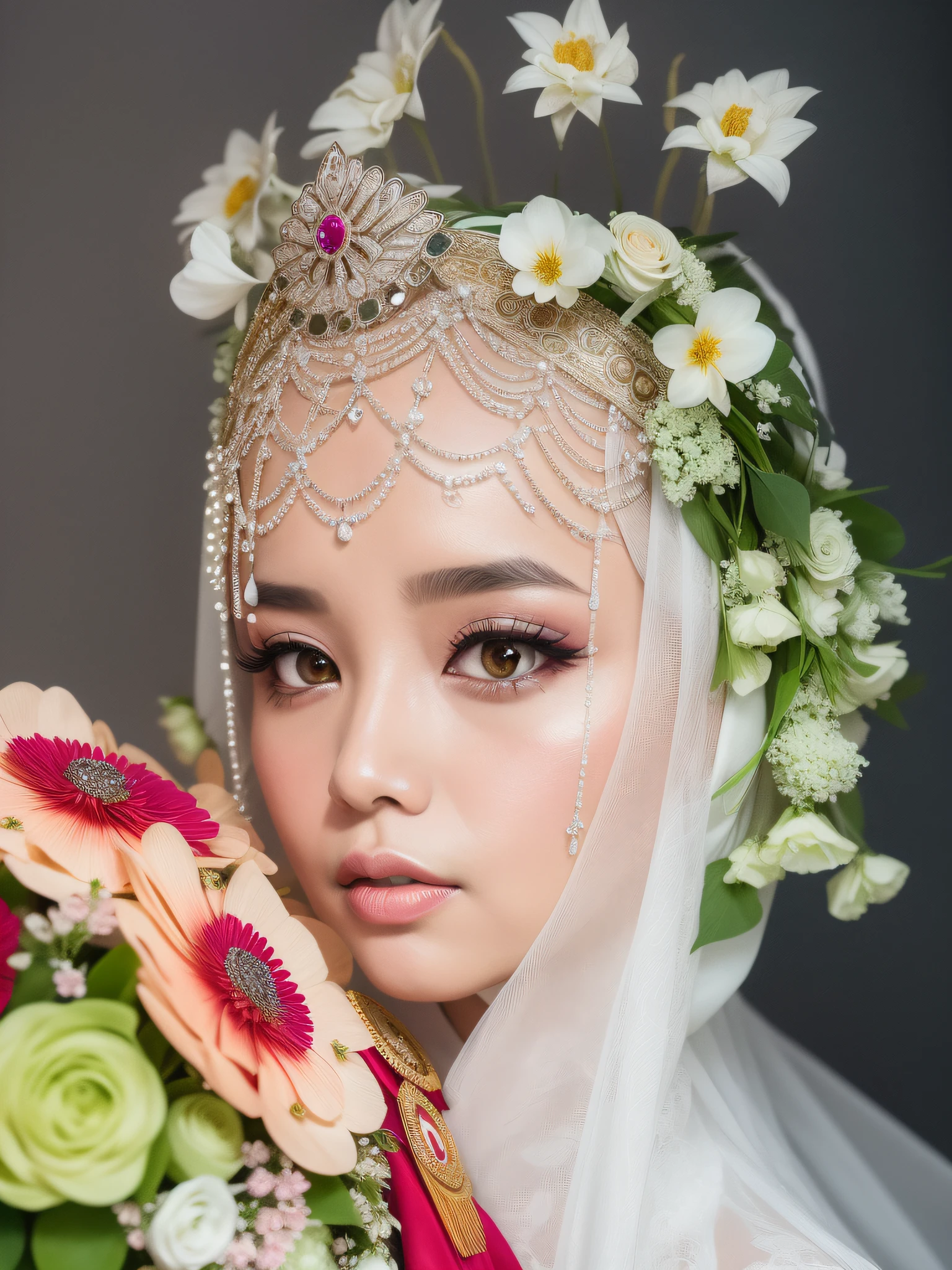 araffe woman with a white headdress and a flower crown, traditional makeup, profesional photography, close up potrait, by Basuki Abdullah, semi realism, bride, traditional beauty, inspired by reyna rochin, by Abidin Dino, captured on canon eos r 6, portrait shot, with professional makeup, traditional photography, veils and jewels