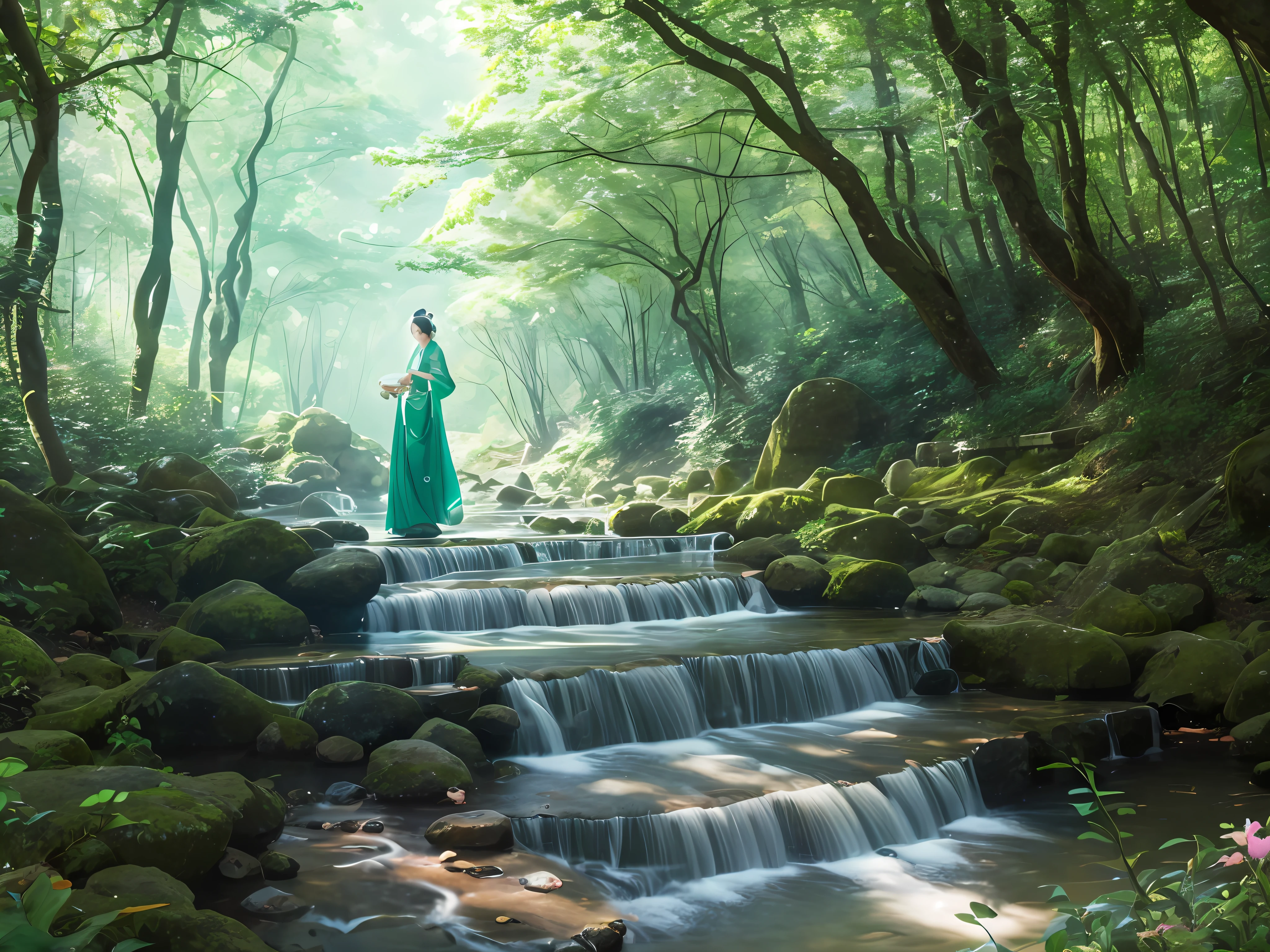 In this mysterious and dreamy valley, emerald green trees and clear streams intermingle, the water gurgles, as if telling something. The woman was dressed in a gorgeous Chinese costume, and her clothes flowed, like a fairy descending to the mortal world. Her steps are light and comfortable, as if she is at one with this deep forest of tranquility. Her face is beautiful and handsome, and her eyes show an indifferent look, as if she is admiring this beautiful natural scenery. The surrounding flowers and trees also seemed to gaze at her, quietly listening to her breathing and footsteps, and at this moment, it seemed that time had stopped. This dreamlike scenery is intoxicating, as if you are in the most beautiful corner of heaven and earth.