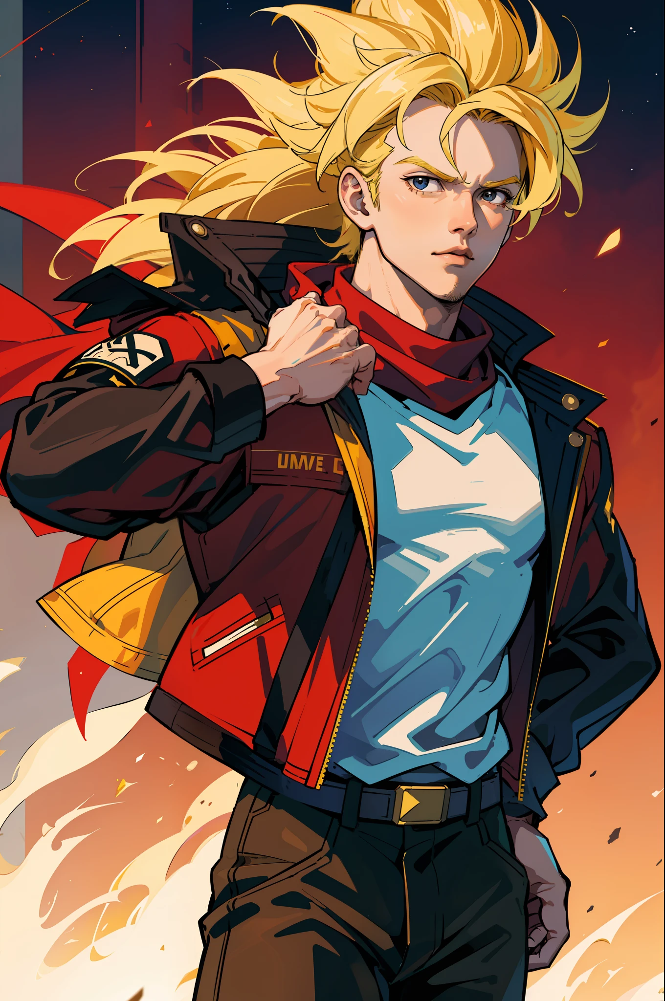 masterpiece, top quality, super detail, ground, destroyed city background, shadow, contrast, goku, super saiyan, yellow hair, yellow eyebrows, ultra-realistic, cowboy shot, solo, one boy, mouth closed, watch viewer, golden hair, black eyes, star-lord, peter quill, star-lord costume, long red jacket with long hem, long hem jacket, white short Sleeve shirt, I wear a red scarf around my neck, muffler fluttering in the wind, dark brown pants, star lord of the mysterious universe, Hold a futuristic gun in each hand, i have a gun in my hand, fighting stance, dynamic angle