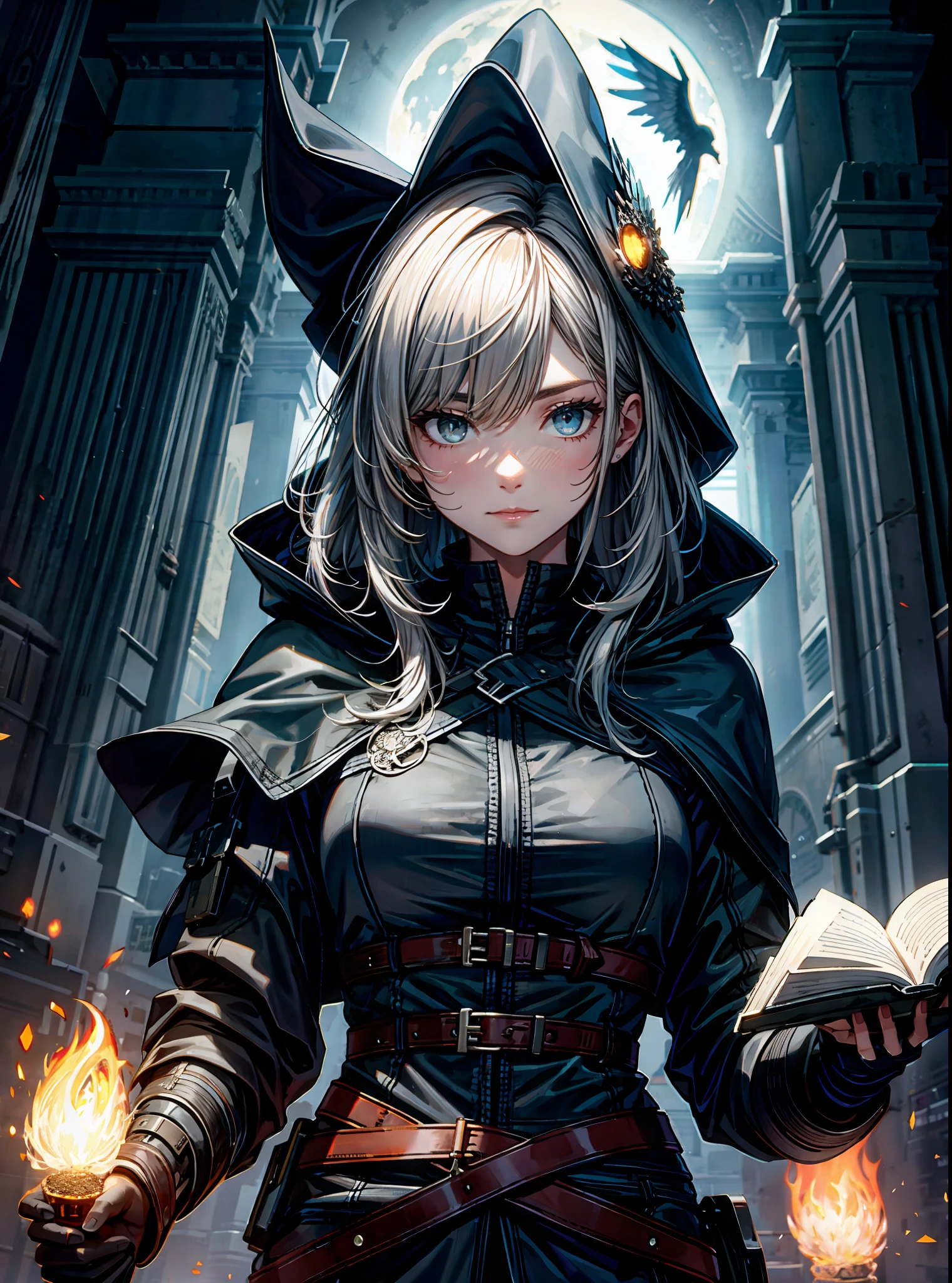 BREAK (very detailed 8k wallpaper),a beautiful female warlock, intricate, high detail, tomb background, BREAK with a black figure looming through gray fog behind her, with a dark cloak hood showing her face and her curve BREAK, black dark aura, moon, books, grimmore, astral floating skull, dark theme, ravens, dark feather,sexy body BREAK,Detailed,Realistic,4k highly detailed digital art,octane render, bioluminescent, BREAK 8K resolution concept art, realism,by Mappa studios,masterpiece,best quality,official art,illustration,ligne claire,(cool_color),perfect composition,absurdres, fantasy,focused,rule of thirds