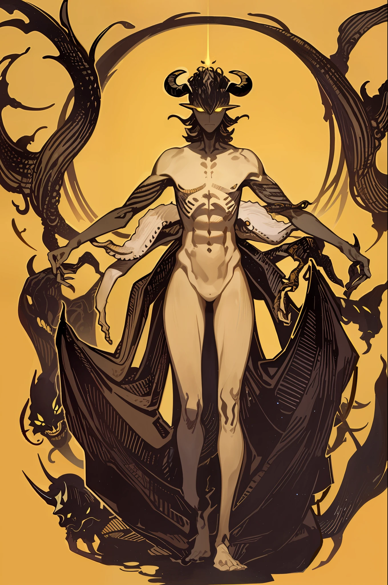 A yellow-skinned demon with goat horns, very thin body with very long limbs, with many eyes on its head, without hair and with many tentacles on its back