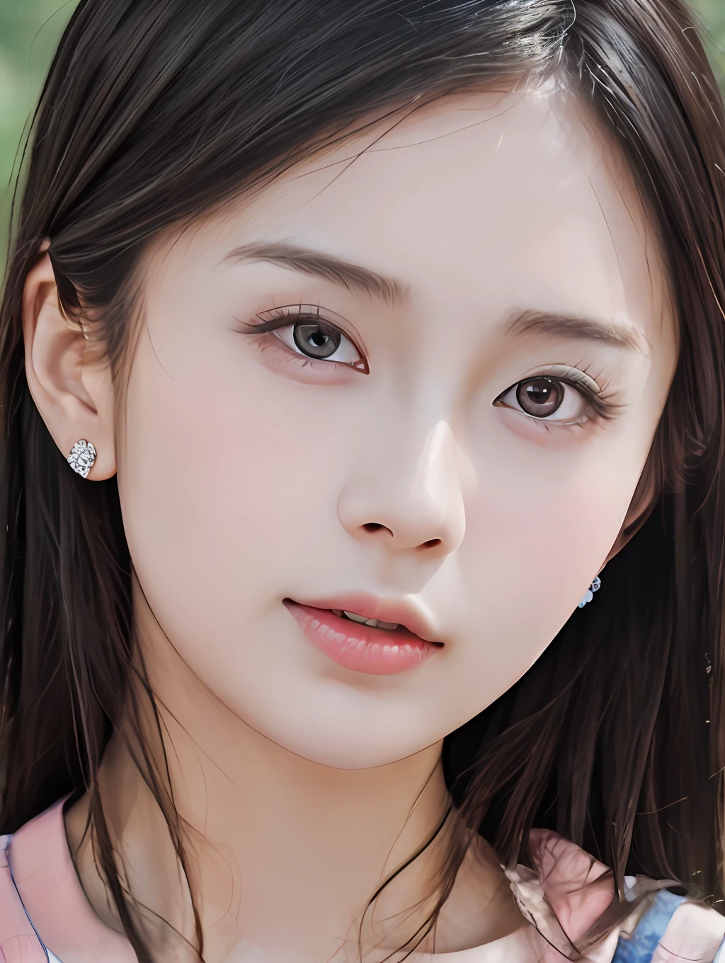 8K, Best Quality, Masterpiece, Ultra High Resolution, (Realism: 1.4), Original Photo, (Realistic Skin Texture: 1.3), (Film Grain: 1.3), (Selfie Angle), 1 Girl, Pink Clothes, Sapphire Color Eyes and Beautiful Face Details, Masterpiece, Best Quality, Close Up, Upper Body
