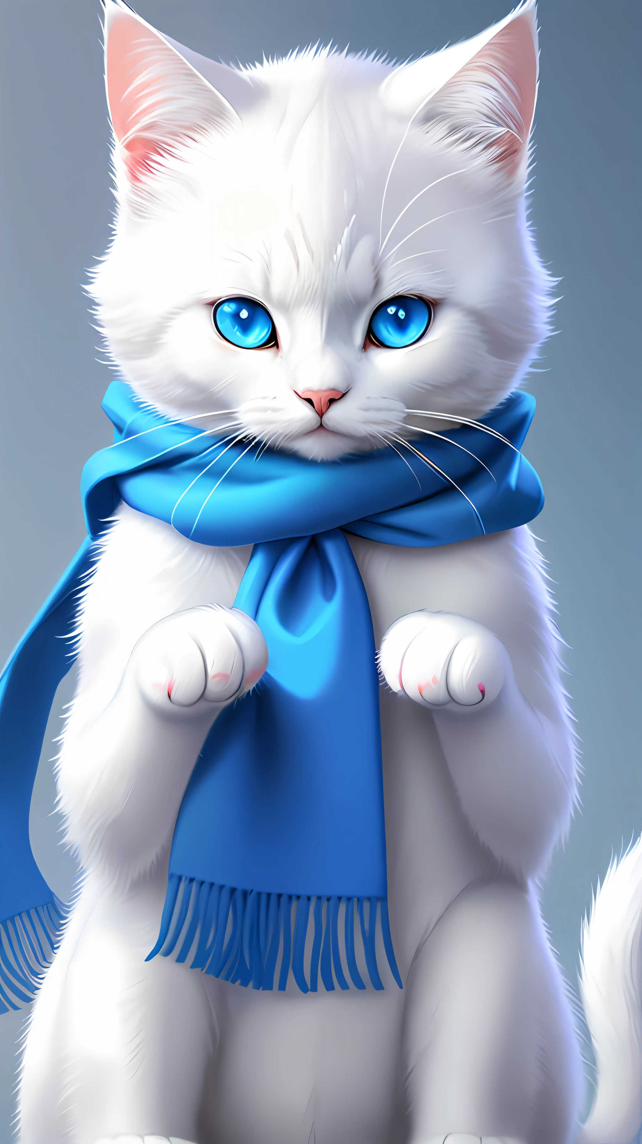Close up of white cat with blue eyes and scarf, hands folded, cute number painting, realistic anime cat, anime vision of cute cat, very beautiful cute catwoman, anime cat, cute digital art, cute detailed digital art, a cute cat, beautiful white glowing eyes, kawaii cat, dream animal cute eyes, cute cat, cute and friendly eyes