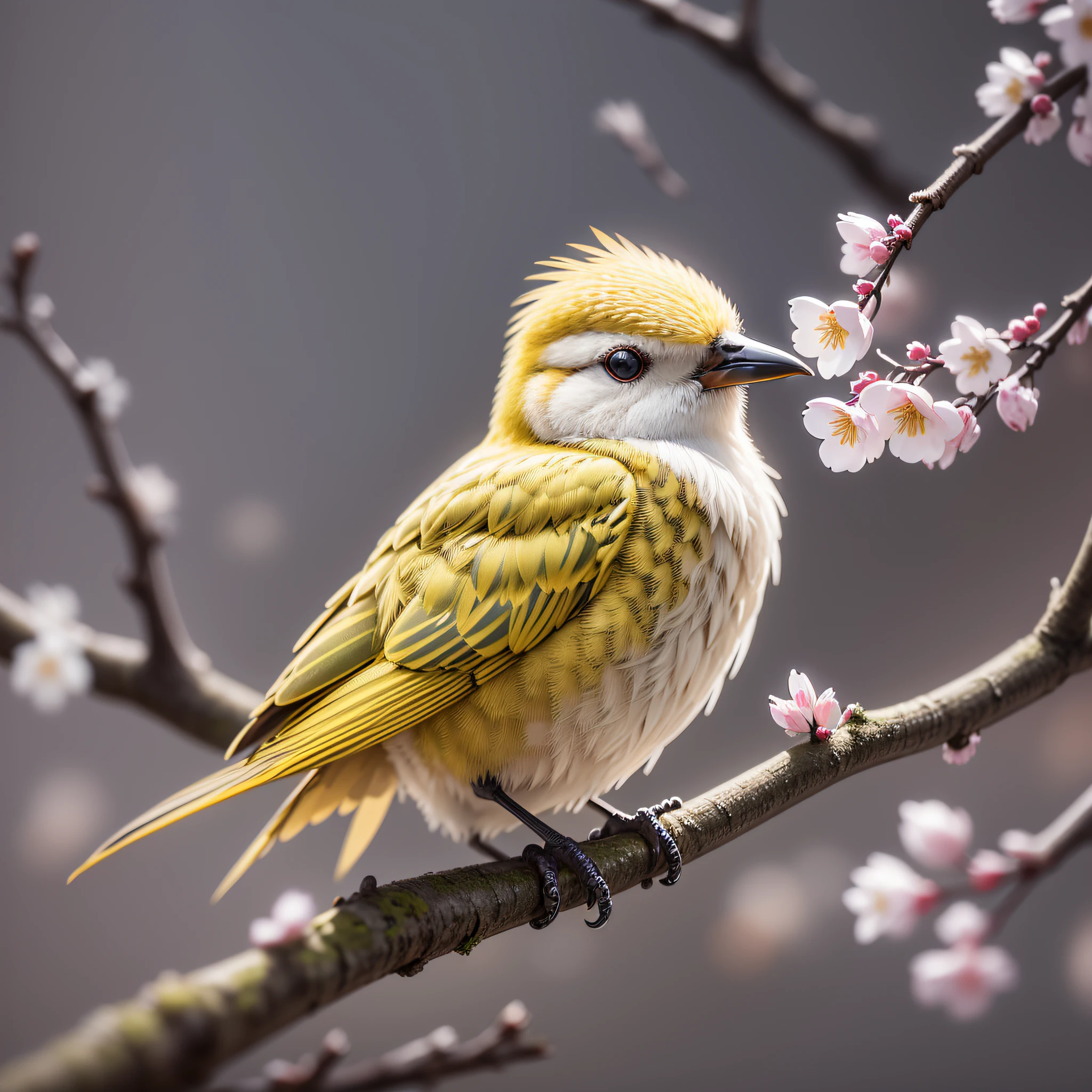 Superb yellow birds near budding white cherry blossoms on branches, dark, dawn, (cold morning: 1.1), (morning dew: 1.15), realistic photography, (low-key photo: 1.2), detail, 8k, intricate folded feathers, water droplets on feathers, (to8contrast style), (mist: 0.7), vivid colors, Sony a6600 Mirrorless Camera, embellish2, rainy days