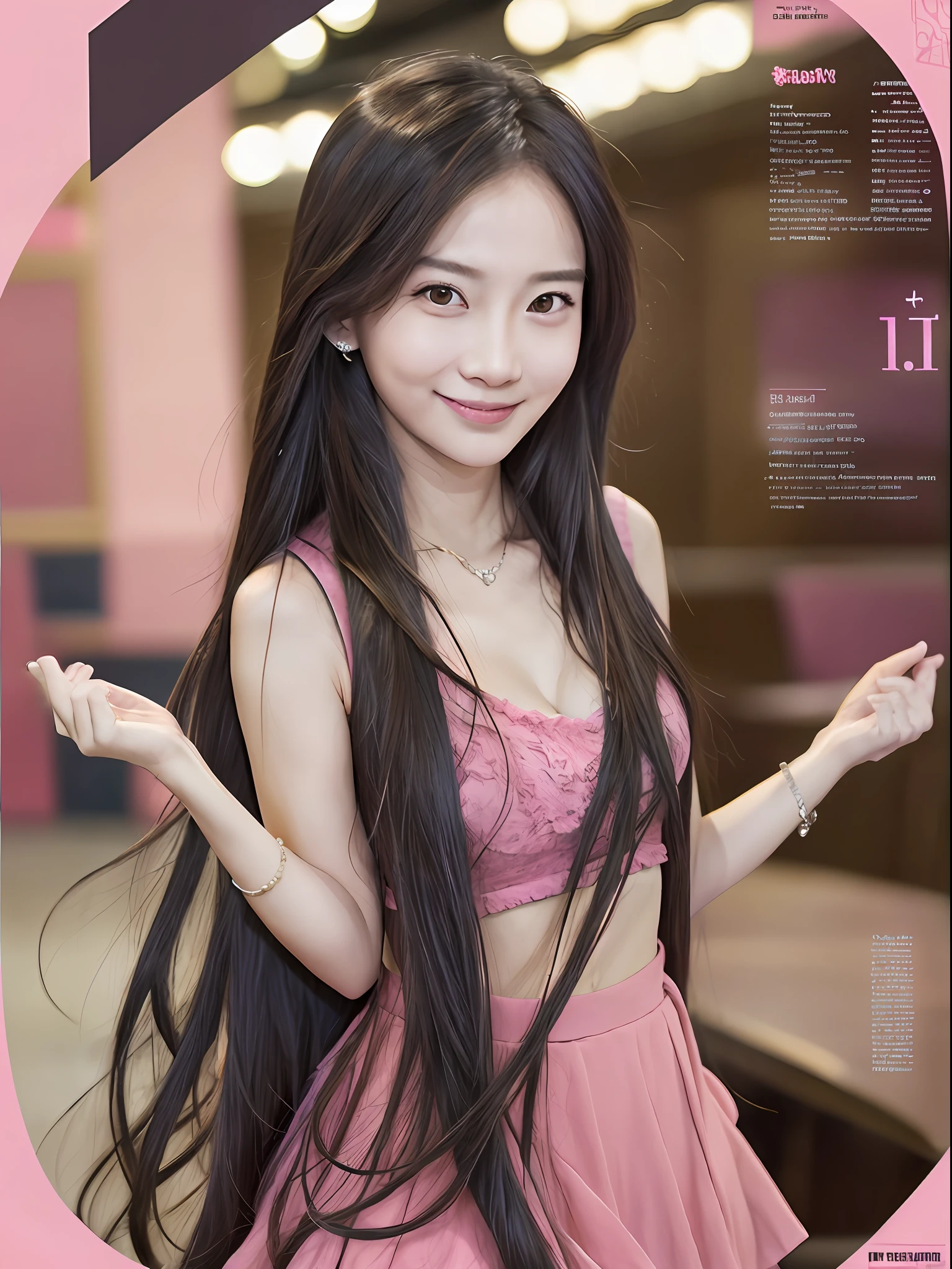 (Reality: 1.2), Best Quality,
1 highly condensed beautiful woman , 23 years old,
Pink ruffled skirt,
long hair
In the restaurant,
smile