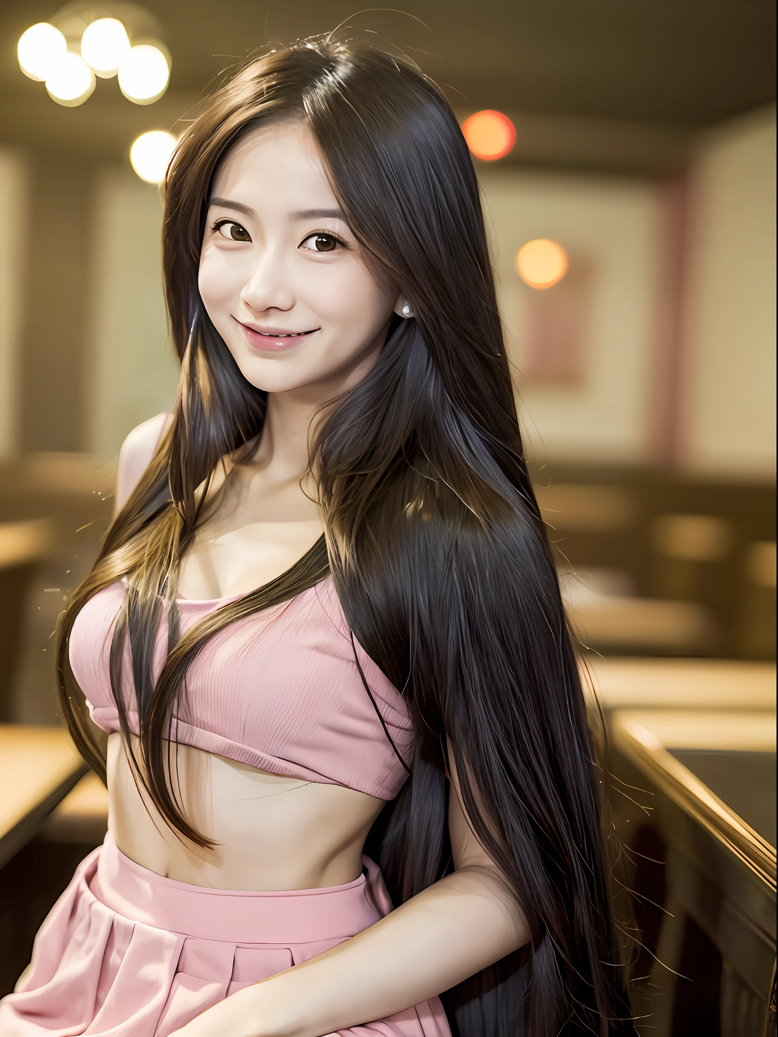 (Reality: 1.2), Best Quality,
1 highly condensed beautiful woman , 23 years old,
Pink ruffled skirt,
long hair
In the restaurant,
smile