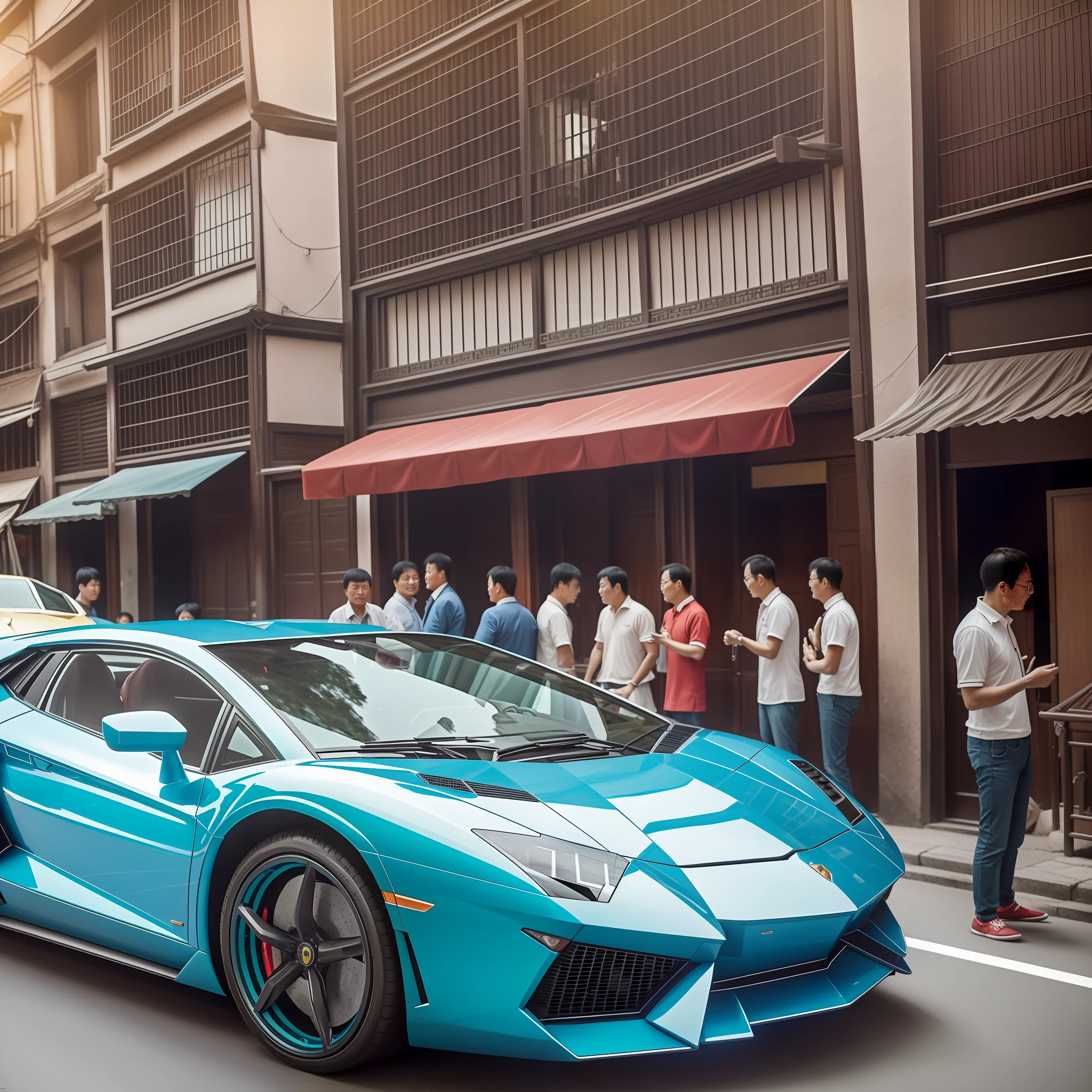 On a Chinese street in 1970, people look at a Lamborghini Aventador sports car. Photorealistic photos. Camera: Canon EOS5D. ISO:200。 F 4.0。 8K --auto --s2