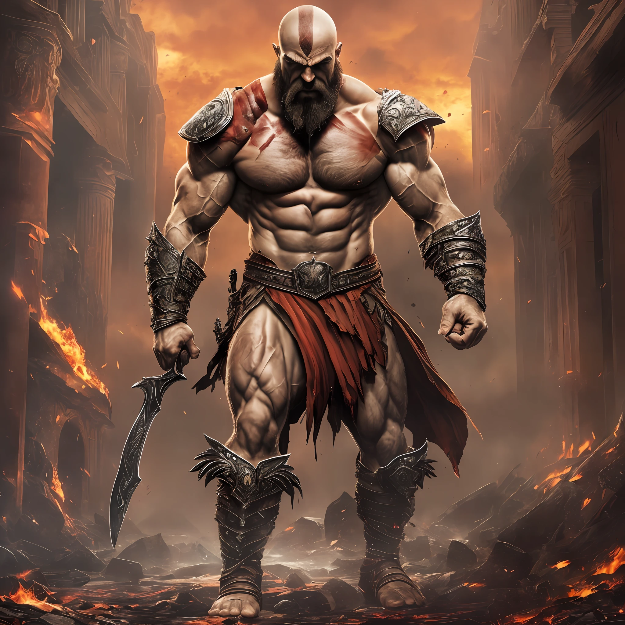 A man who looks like Kratos, long black beard, muscular, standing, angry look, body covered in blood, holding a human head, Red and fiery sky, photo of the most handsome artwork in the world featuring soft lustrous male hero, very masculine, ((epic heroic fantasy muscular man, rugged wet wounded male hero angry looking with long messy hair and short beard and fierce looking in a dynamic posture dying on the floor, fantastic location, majestic cluttered environment)), full body 8k unity render, action shot, skin pores, very dark lighting, heavy shadows, detailed, detailed face, (vibrant, photo realistic --auto --s2