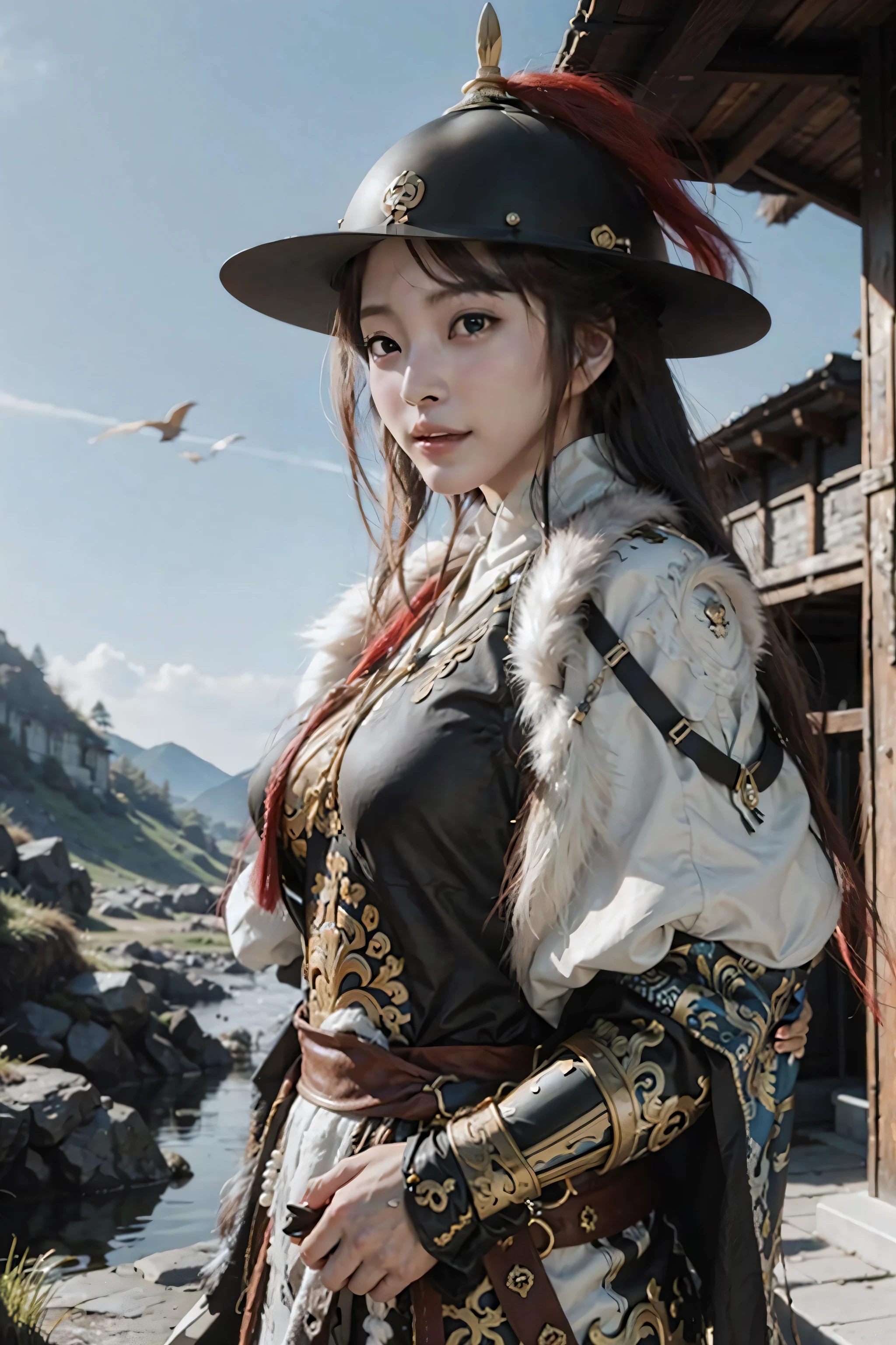 doulikui, feather, 1girl, big_breasts, (armor:1.2),realistic, masterpiece, best quality, 8k, photorealistic, white_linen_clothes, furry cloak, outdoors,