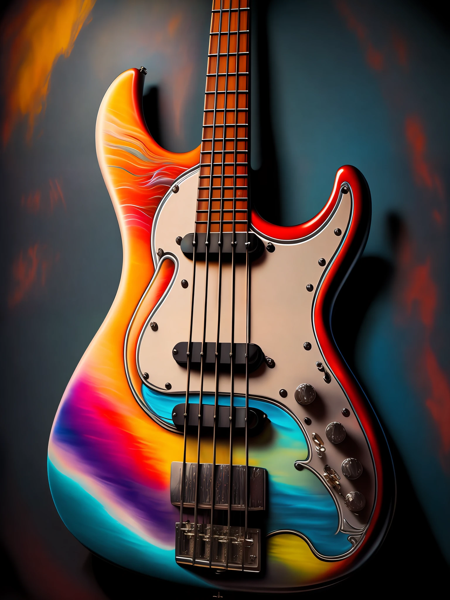 the graffiti style of bass guitar, ((soft colorful, rich colors,high detailed, masterpiece,natural lighting, high quality, graffiti style))