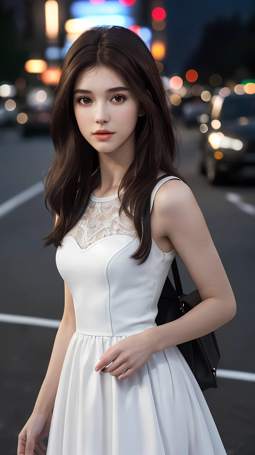 ((Realistic lighting, Best quality, 8K, Masterpiece: 1.3)), Focus: 1.2, 1girl, Perfect Figure: 1.4, Slim Abs: 1.1, ((Dark brown hair)), (White dress: 1.4), (Outdoor, Night: 1.1), City streets, Super fine face, Fine eyes, Double eyelids,