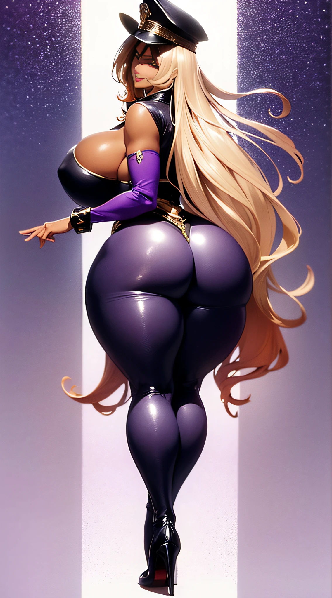 Elaborate CG artwork, (highest quality, exquisite details, absolute masterpiece), (image from head to toe))), ((full body image)), ((looking back)),((spread legs)), (plus size model))),(chubby), (1 Beautiful mature women, solo),(((mahogany-colored dark skin))), (((pale blonde hair))), (medium wavy hair), ((multicolored colorful striped hair)), Detailed beautiful mature face, Highly detailed beautiful face and eyes, (Detailed seductive and sharp eyes), (Plump purple lips)), (Purple eyeshadow), Blushing, (Sadistic seductive smile), (curvy), (Incredibly huge curvy hips), (Very huge sensual ass), (Ridiculously huge thick thighs), (Very shiny military uniform)),cloak,police cap, fingernail art, jewelry,bracelet